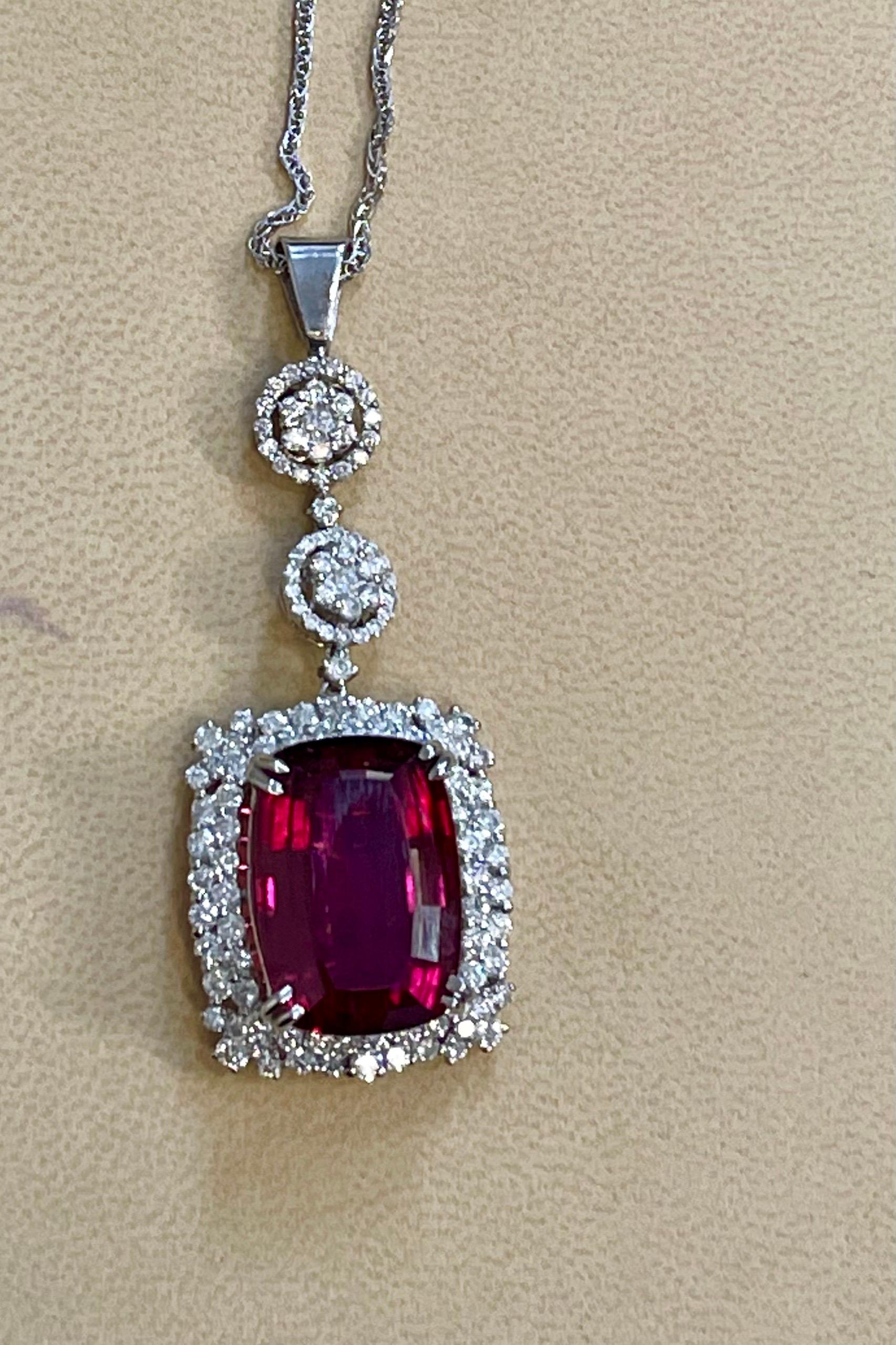 Women's 17 Carat Rubelite and 4 Carat Diamond Pendant / Necklace 14 Karat Gold, Estate For Sale