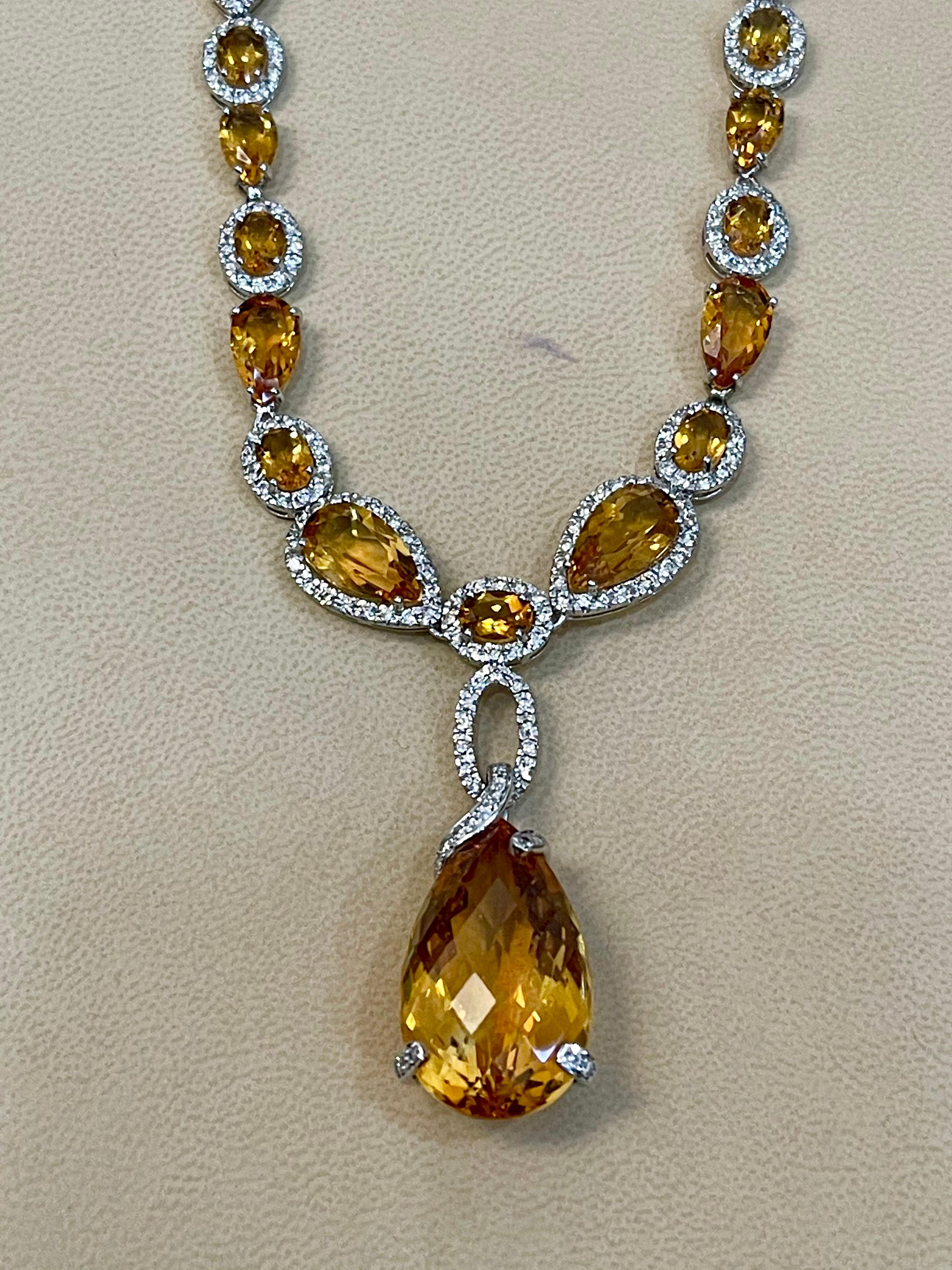 70 Carat Oval and Pear Citrine and 10 Carat Diamonds Necklace 18 Karat Gold For Sale 4