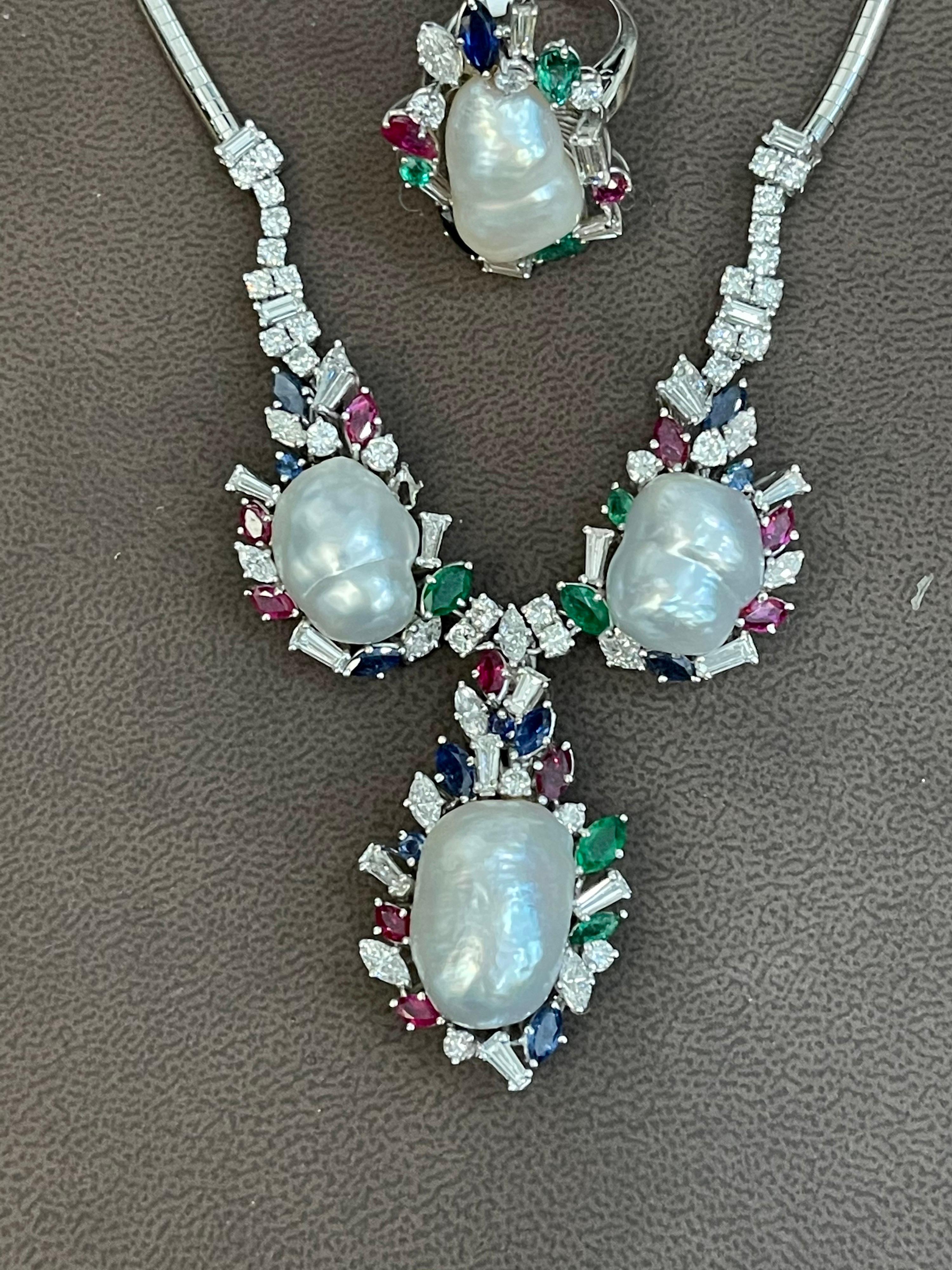 Emerald Ruby Sapphire Diamond Pearl Necklace  Set in 18 Karat Gold In Excellent Condition For Sale In New York, NY