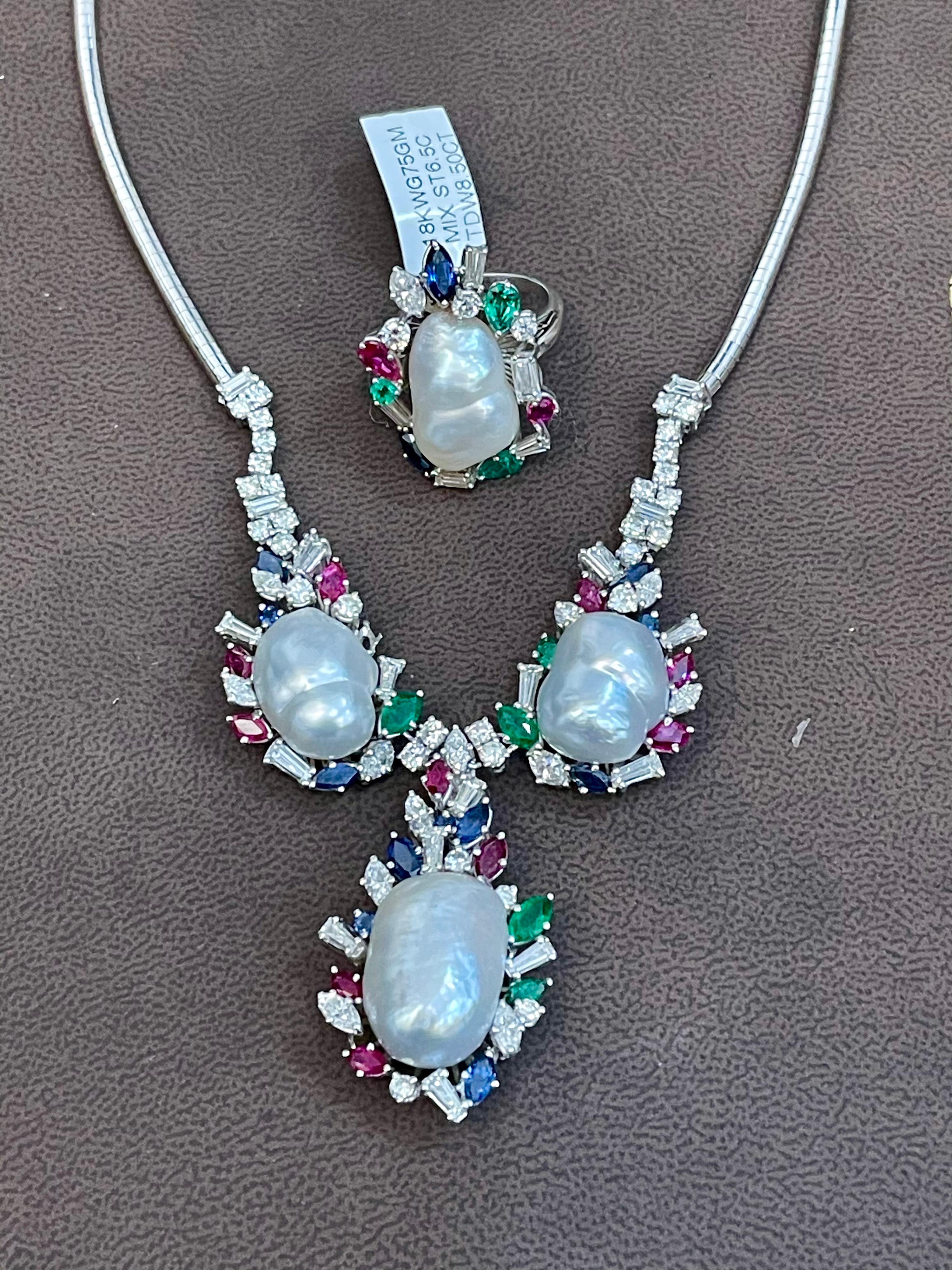 Women's Emerald Ruby Sapphire Diamond Pearl Necklace  Set in 18 Karat Gold For Sale