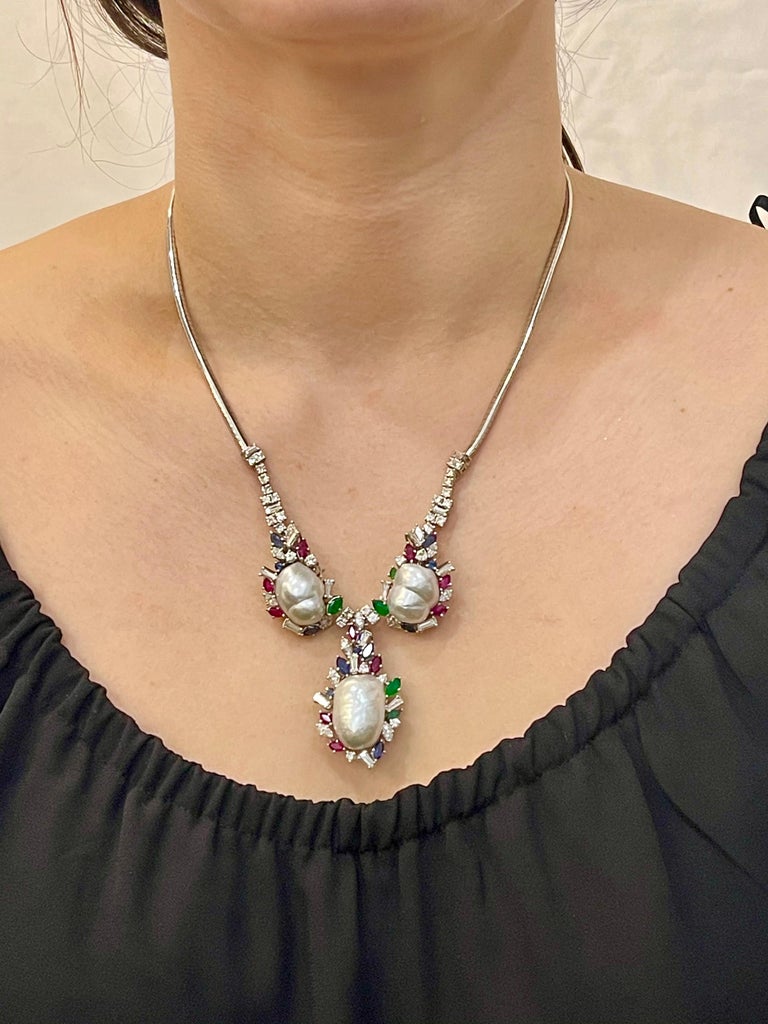 Tresor Collection - Emerald Ruby Sapphire Pear Dangle Necklace in 18k Yellow Gold main image 1