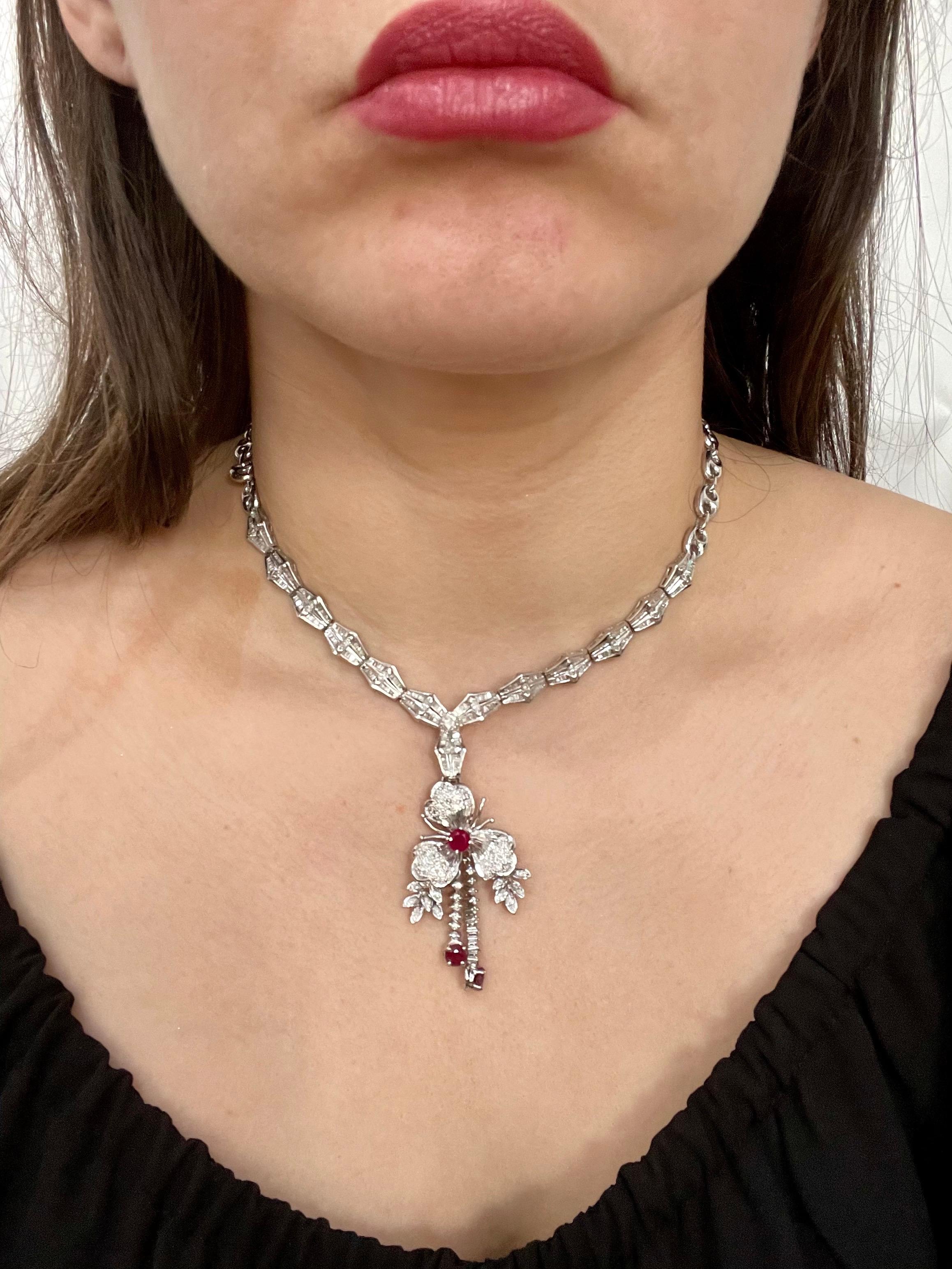 Ruby and Diamond Flower Drop Necklace 14 Karat White Gold For Sale 5