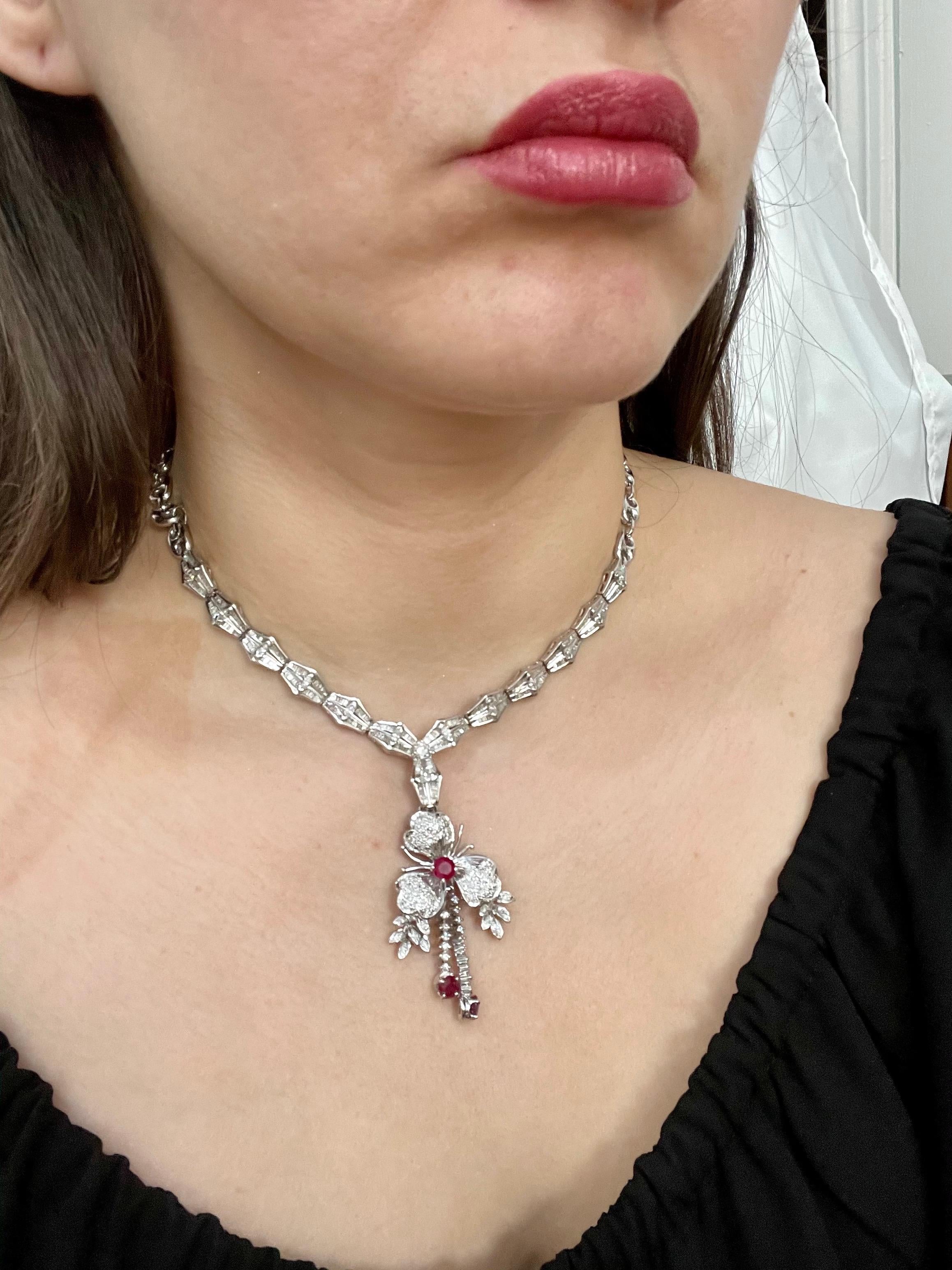 Ruby and Diamond Flower Drop Necklace 14 Karat White Gold For Sale 6