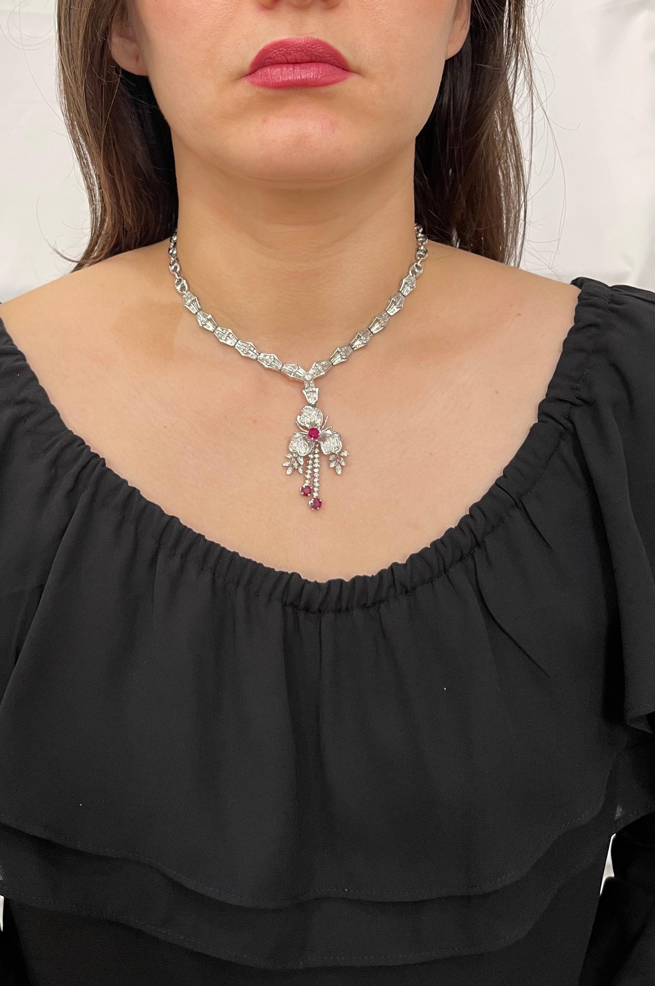 Ruby and Diamond Flower Drop Necklace 14 Karat White Gold For Sale 9