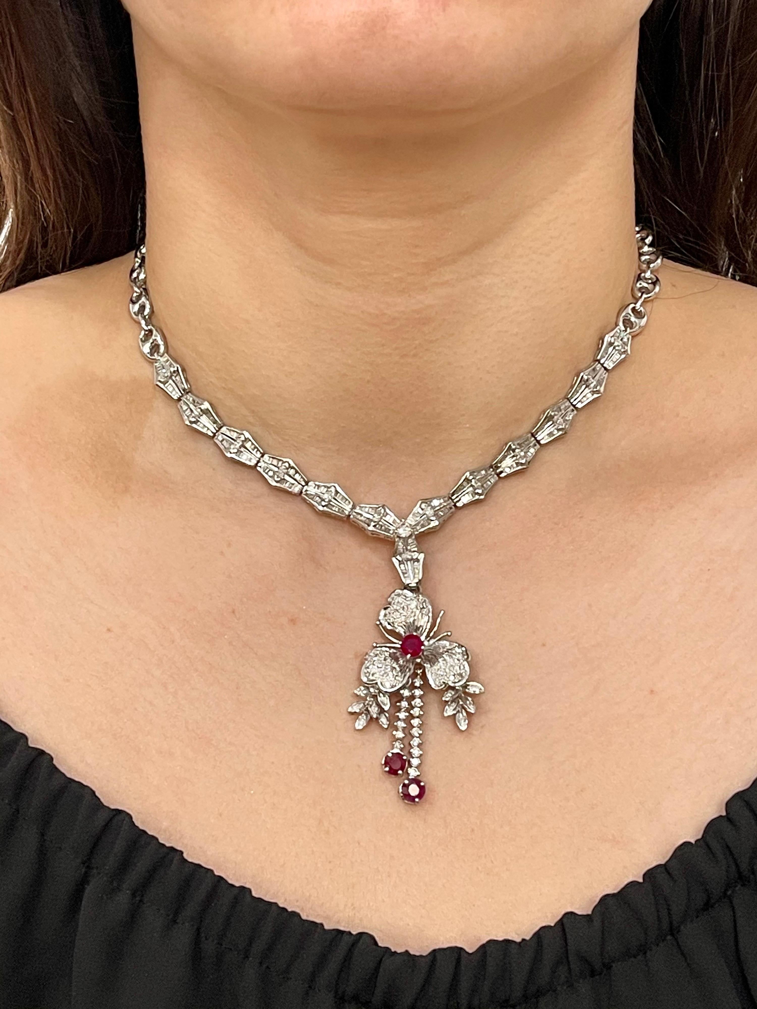 Ruby and Diamond Flower Drop Necklace 14 Karat White Gold For Sale 8