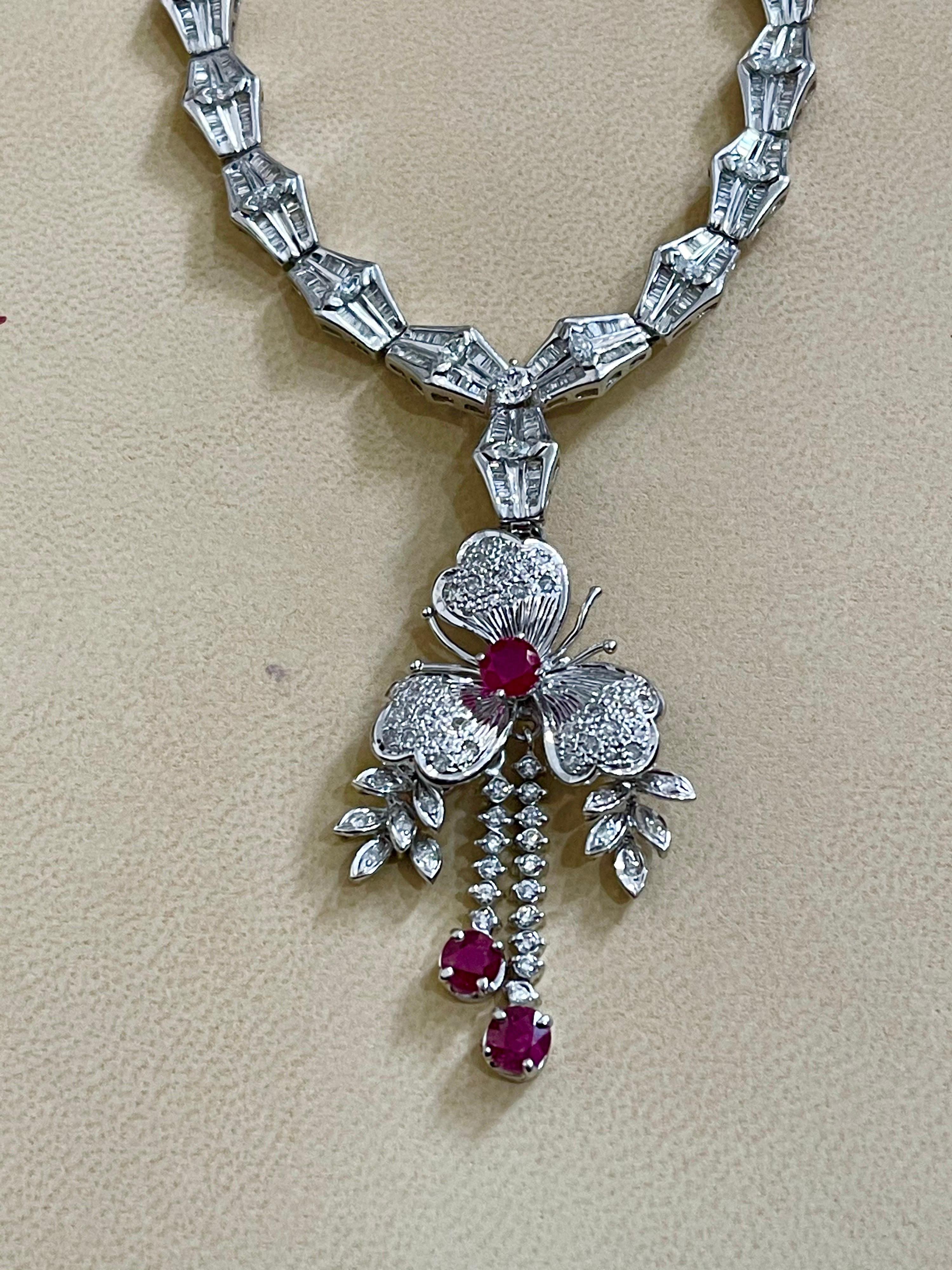 Ruby and Diamond Flower Drop Necklace 14 Karat White Gold For Sale 11