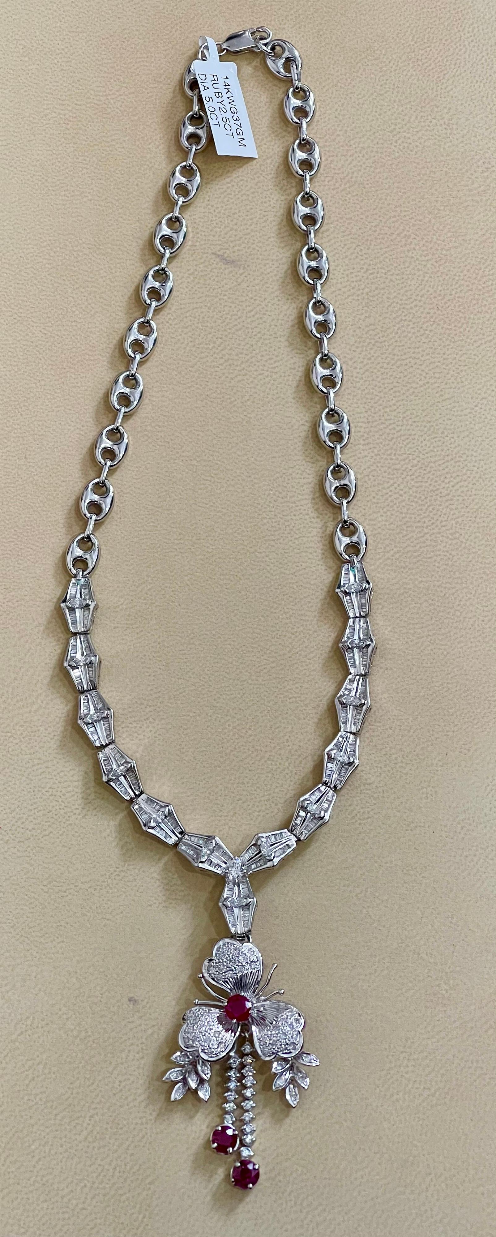 Rubin- und Diamant-Blumentropfen-Halskette aus 14 Karat Weißgold im Angebot 14
