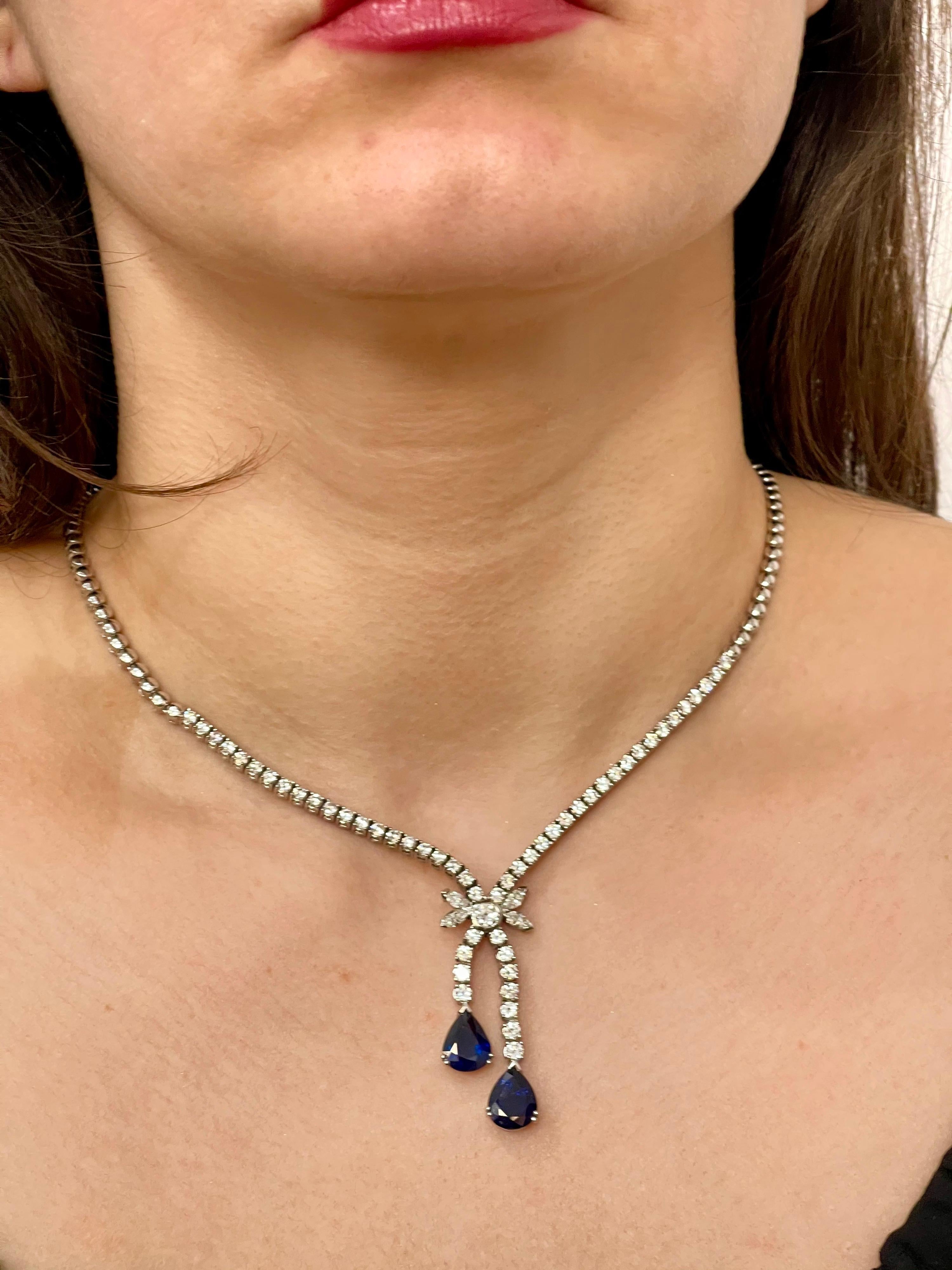 Natural Blue Sapphire and Diamond Necklace 18 Karat White Gold, Estate 3
