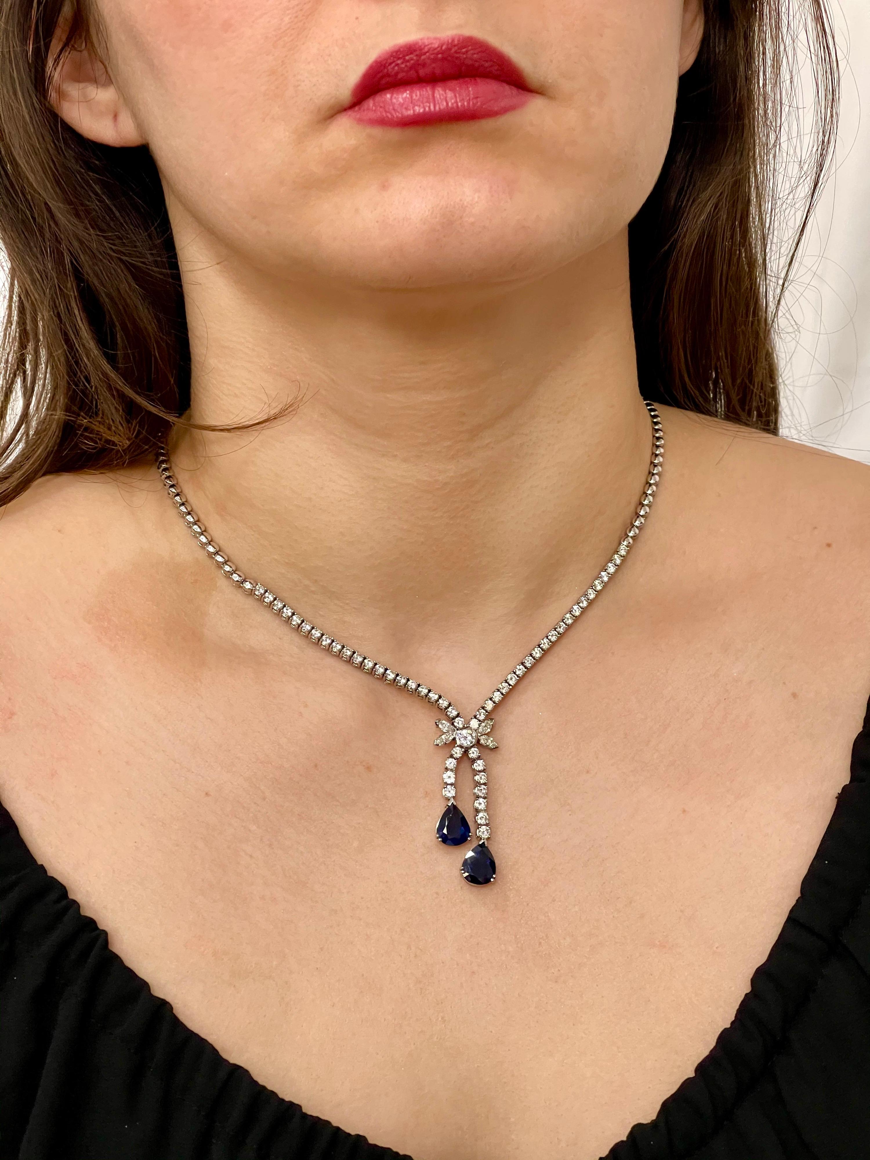 Natural Blue Sapphire and Diamond Necklace 18 Karat White Gold, Estate 4