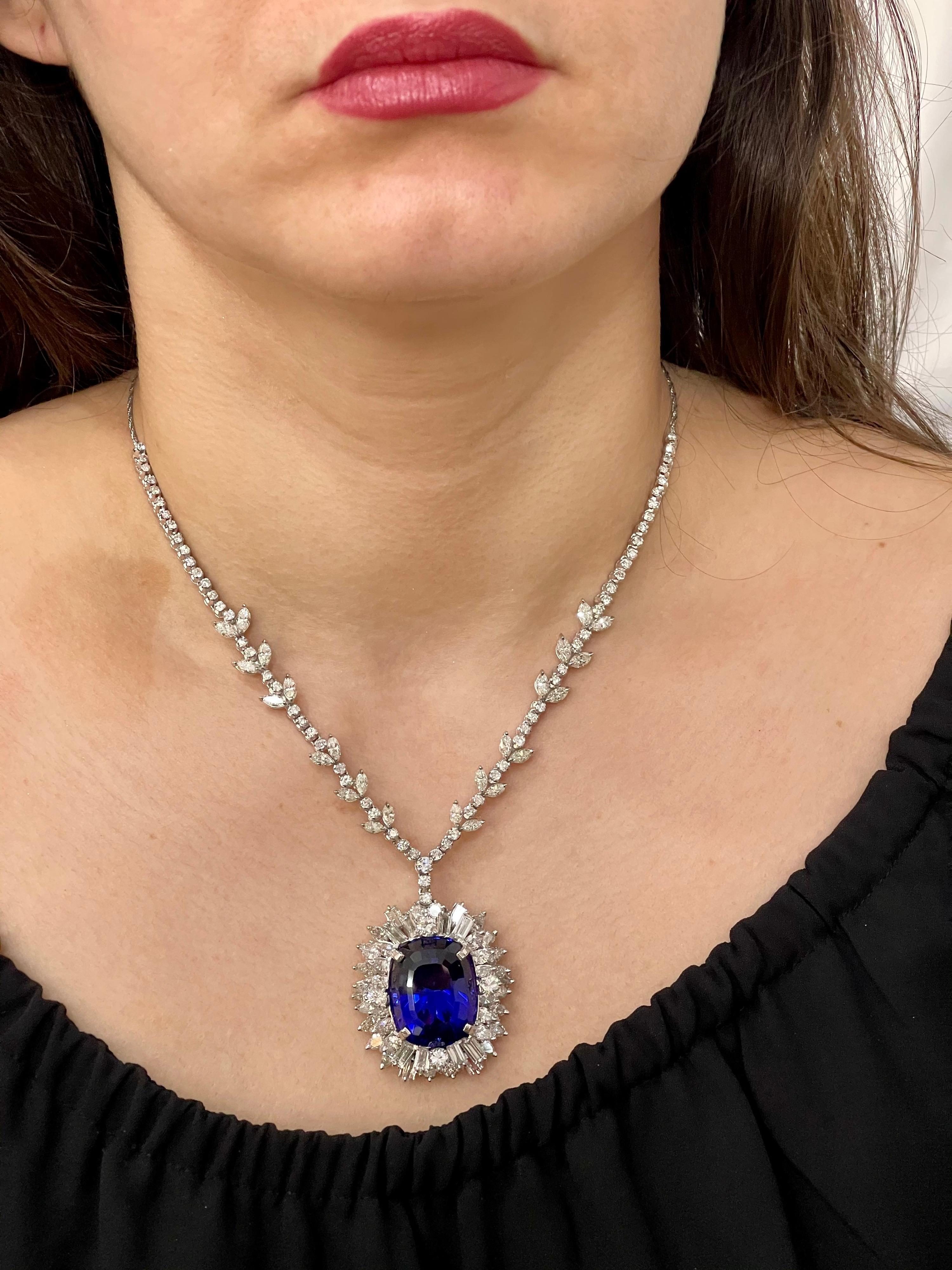 43 Carat Cushion-Cut Tanzanite Pendant Necklace with 18 Carat Diamonds, Estate For Sale 4