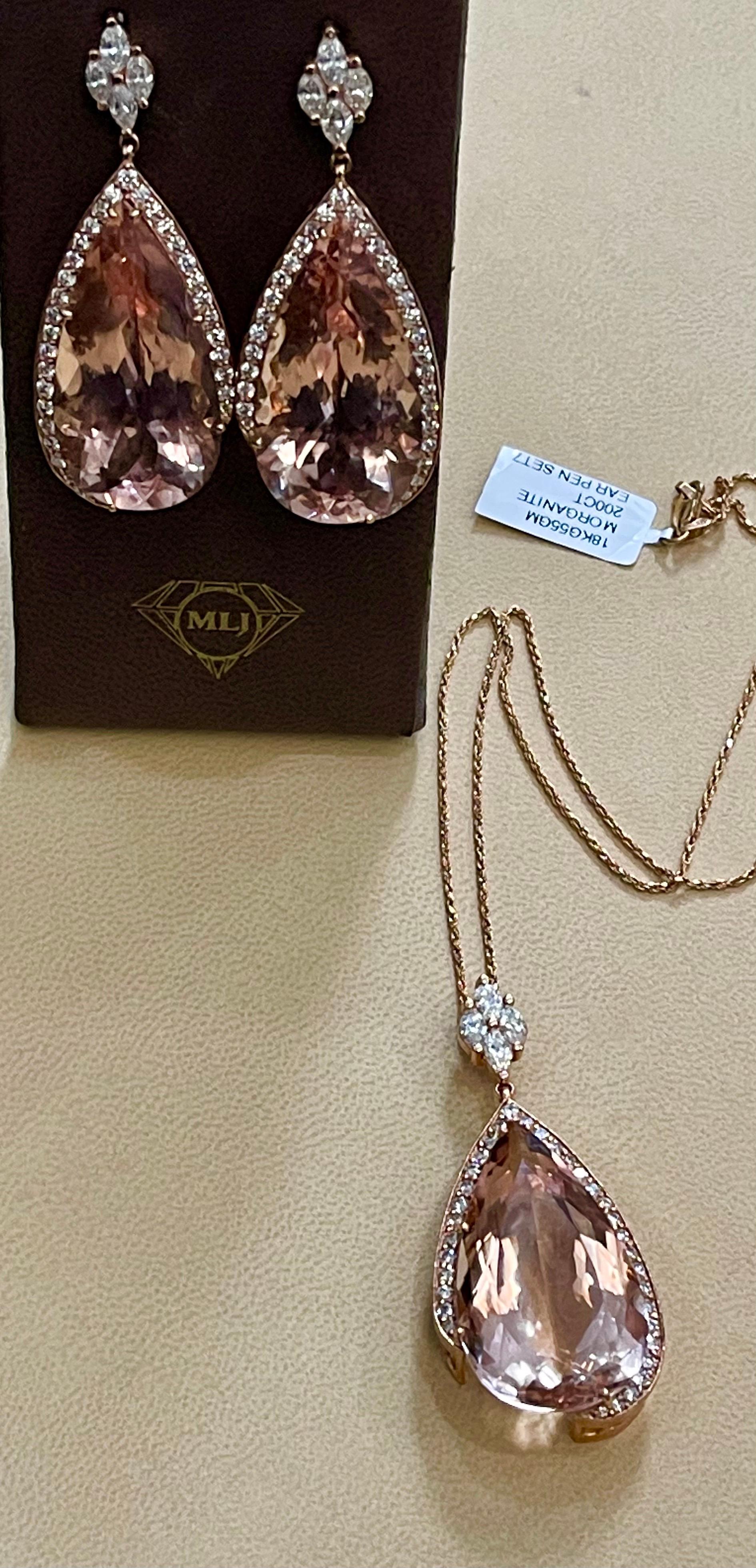 Ensemble boucles d'oreilles et pendentif cocktail 18 carats en Morganite naturelle et diamants 200 carats en vente 14