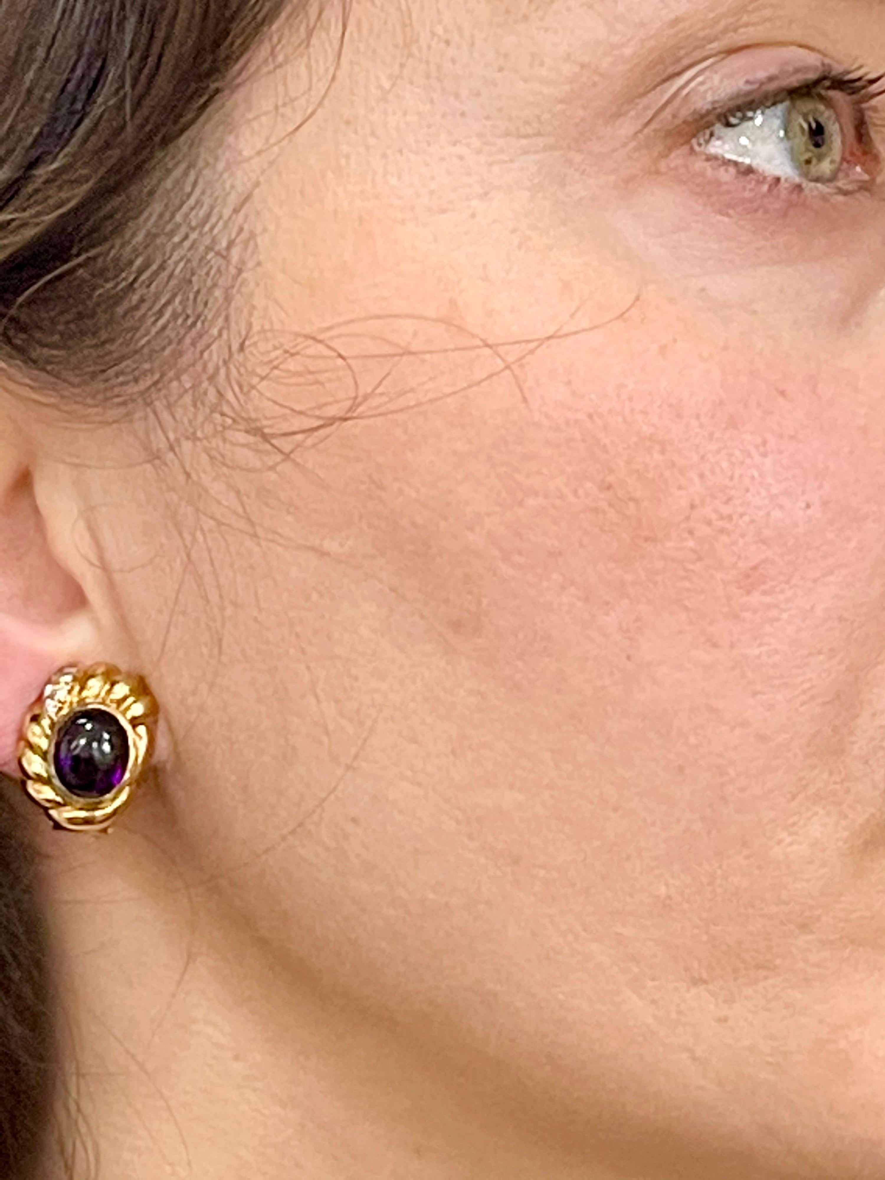 18 Karat Yellow Gold Amethyst and Diamond Stud Earrings For Sale 8
