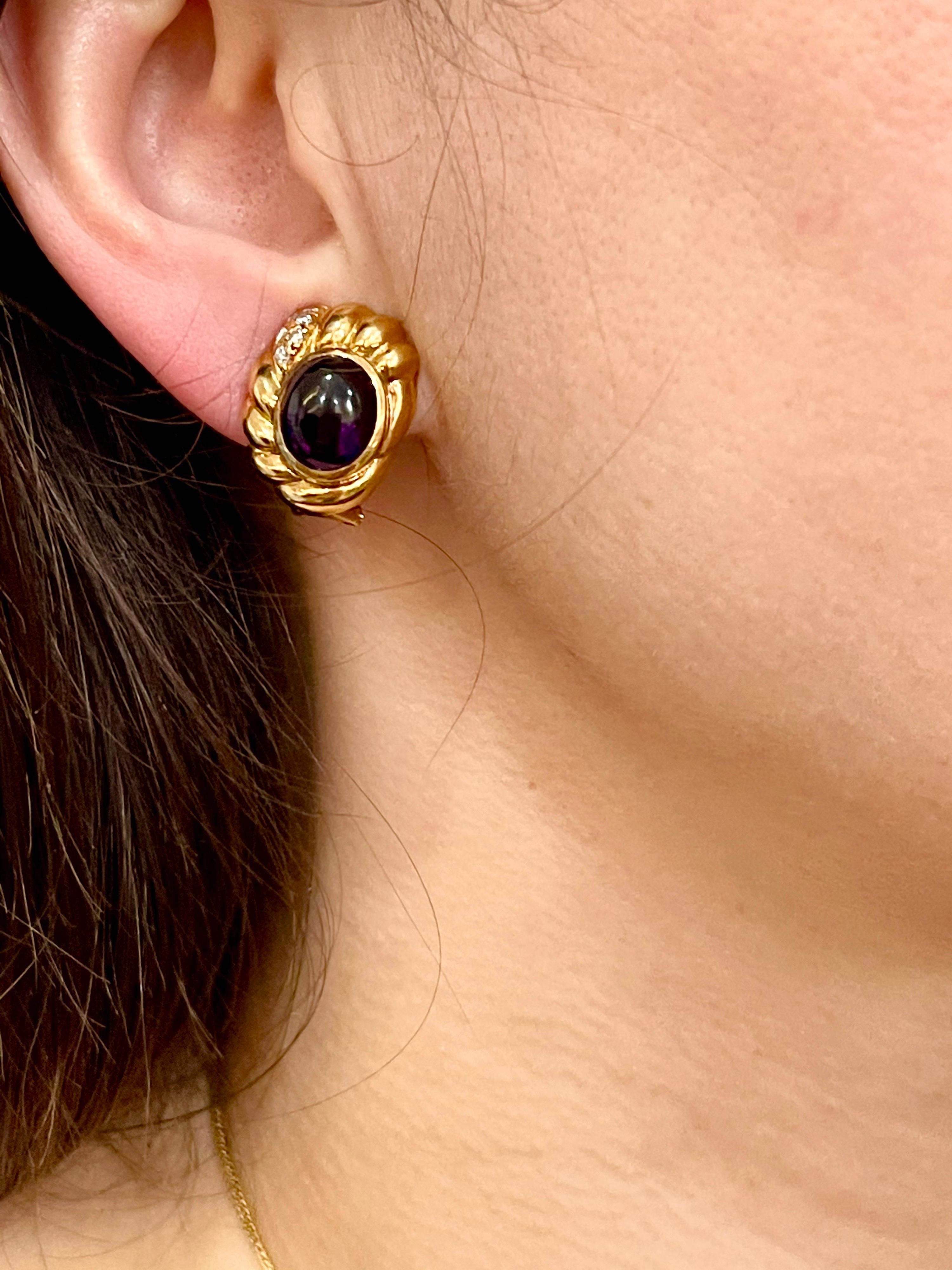 18 Karat Yellow Gold Amethyst and Diamond Stud Earrings For Sale 9