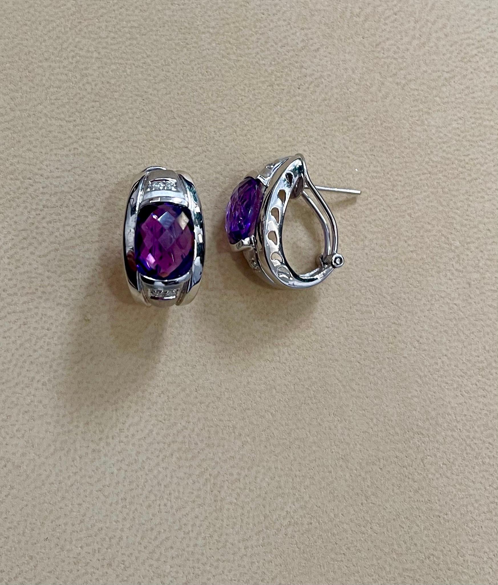 6 Carat Amethyst and Diamond 14 Karat White Gold Earrings, Omega Back For Sale 5