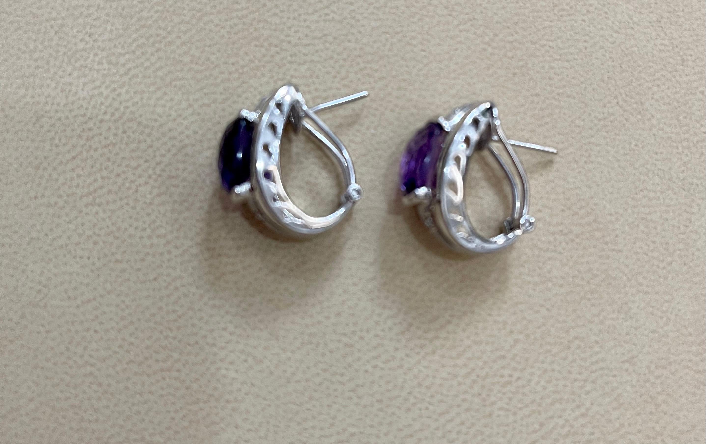 6 Carat Amethyst and Diamond 14 Karat White Gold Earrings, Omega Back For Sale 6