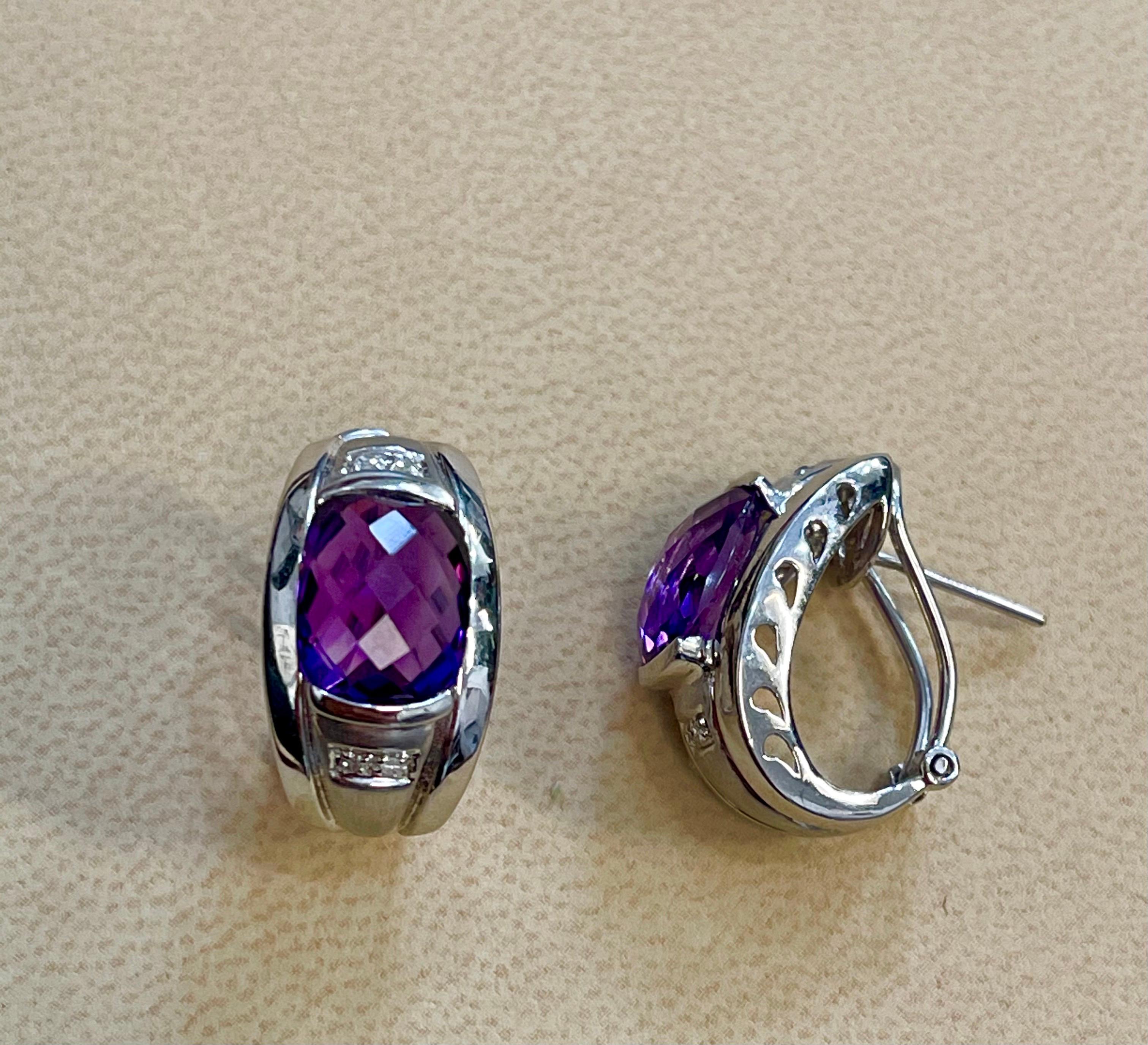 6 Carat Amethyst and Diamond 14 Karat White Gold Earrings, Omega Back For Sale 8