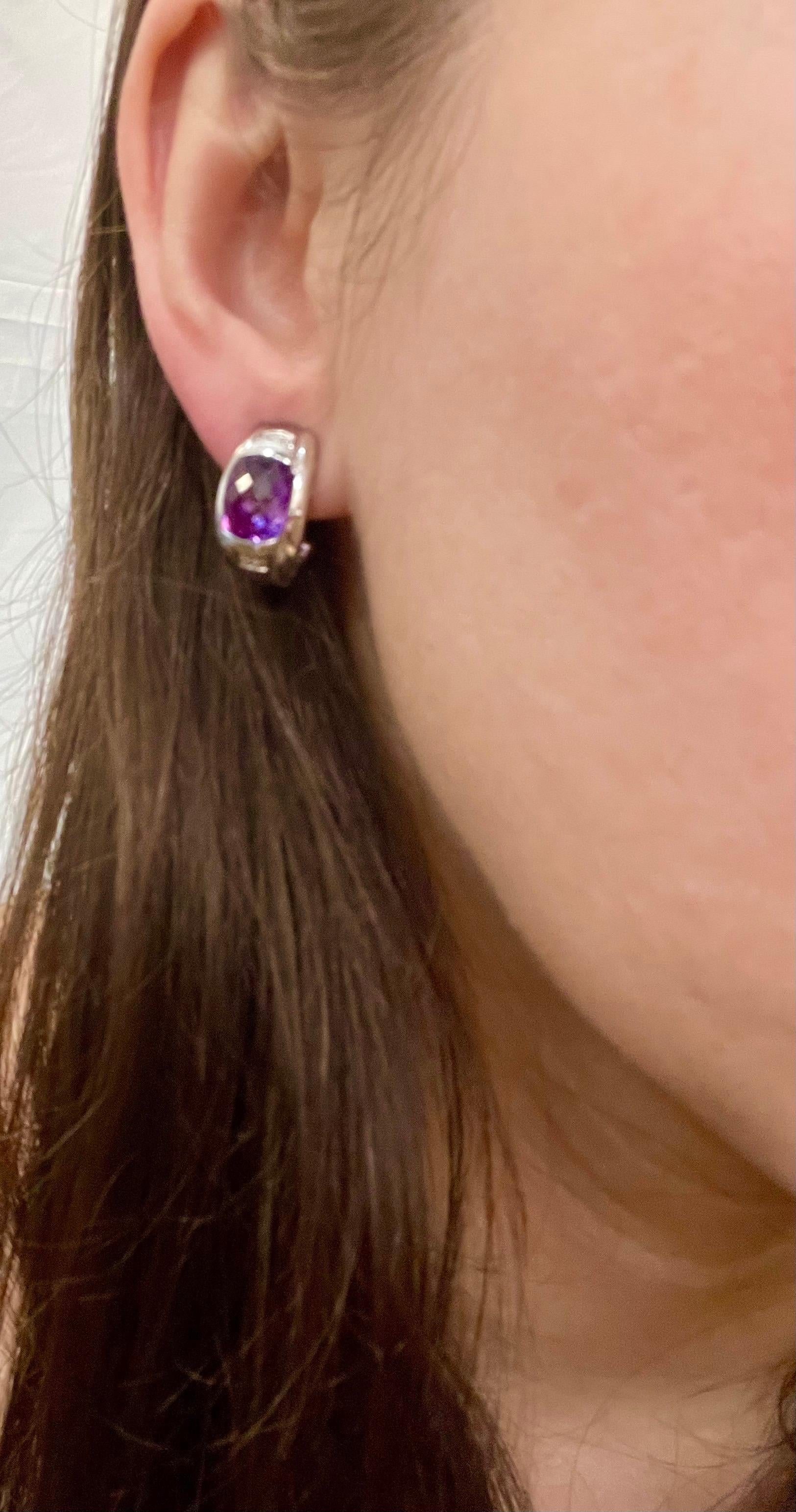 6 Carat Amethyst and Diamond 14 Karat White Gold Earrings, Omega Back For Sale 10