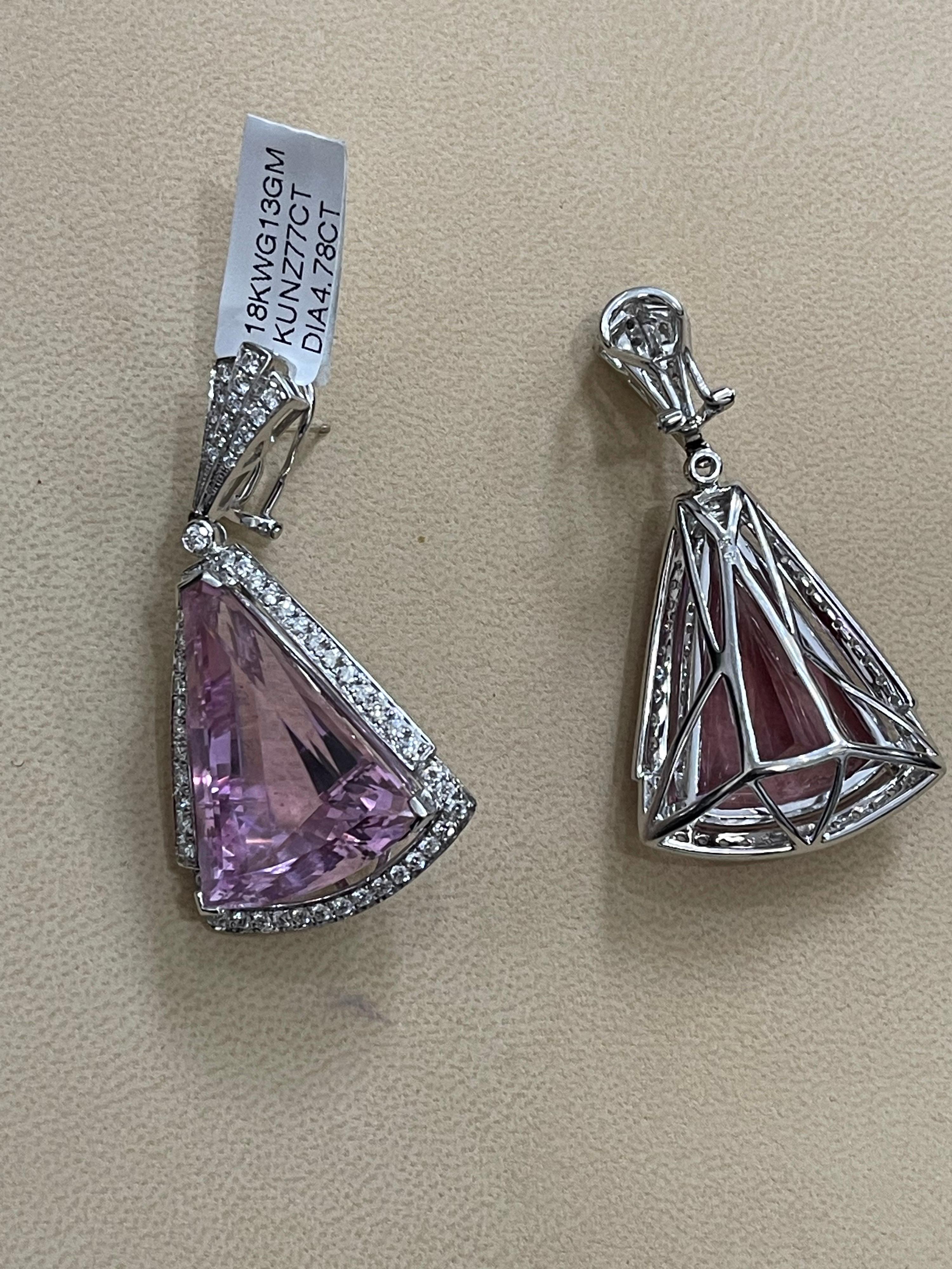 UGL Certified 77 Carat Kunzite & Diamond Hanging Drop Earring 18Karat White Gold In Excellent Condition For Sale In New York, NY