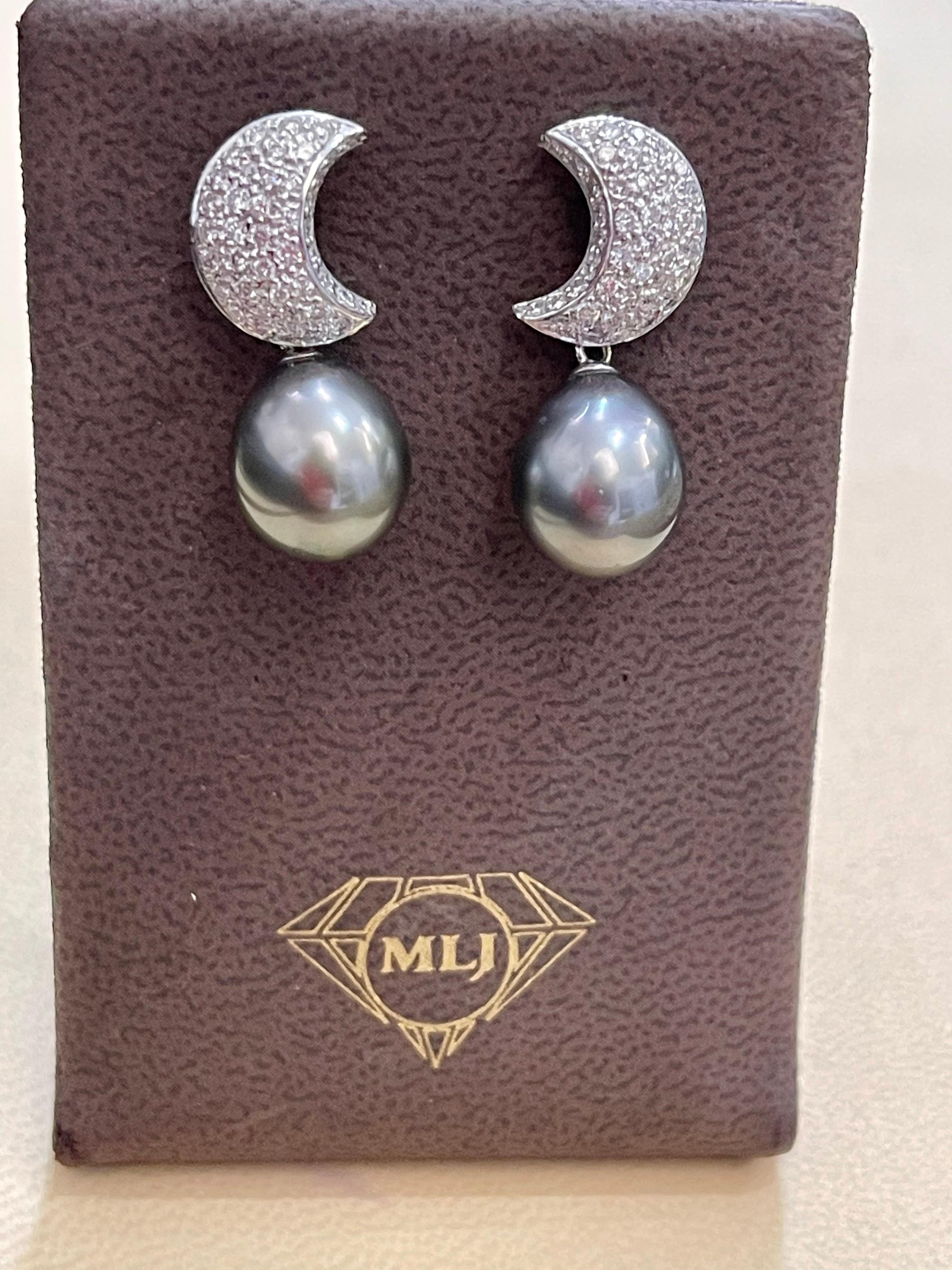 Grey Black Tahitian Cocktail Dangling Earrings with Diamonds 18 Karat White Gold For Sale 6