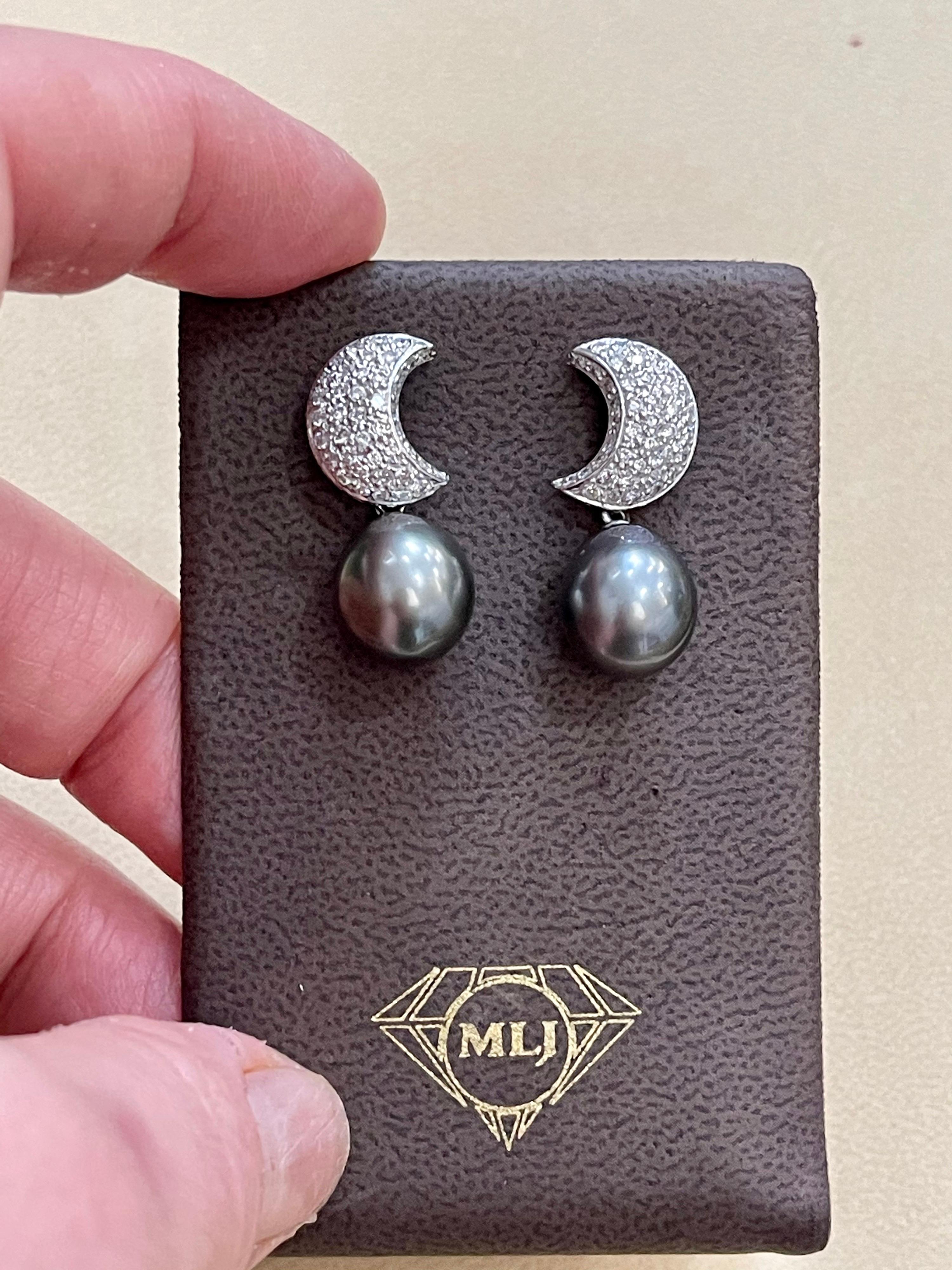 Grey Black Tahitian Cocktail Dangling Earrings with Diamonds 18 Karat White Gold For Sale 7