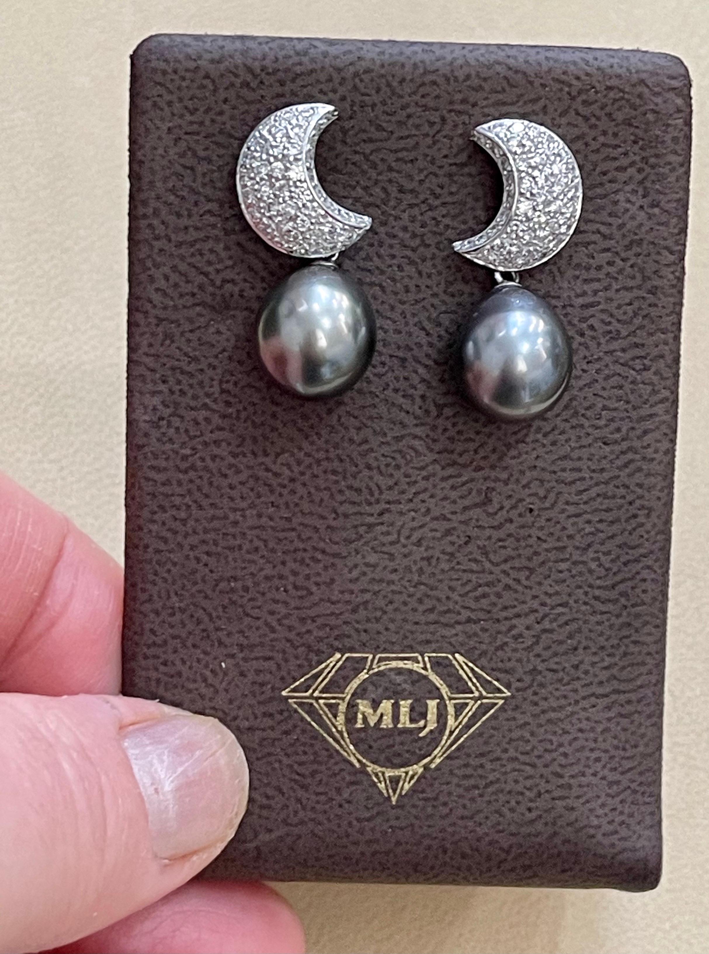 Grey Black Tahitian Cocktail Dangling Earrings with Diamonds 18 Karat White Gold For Sale 8