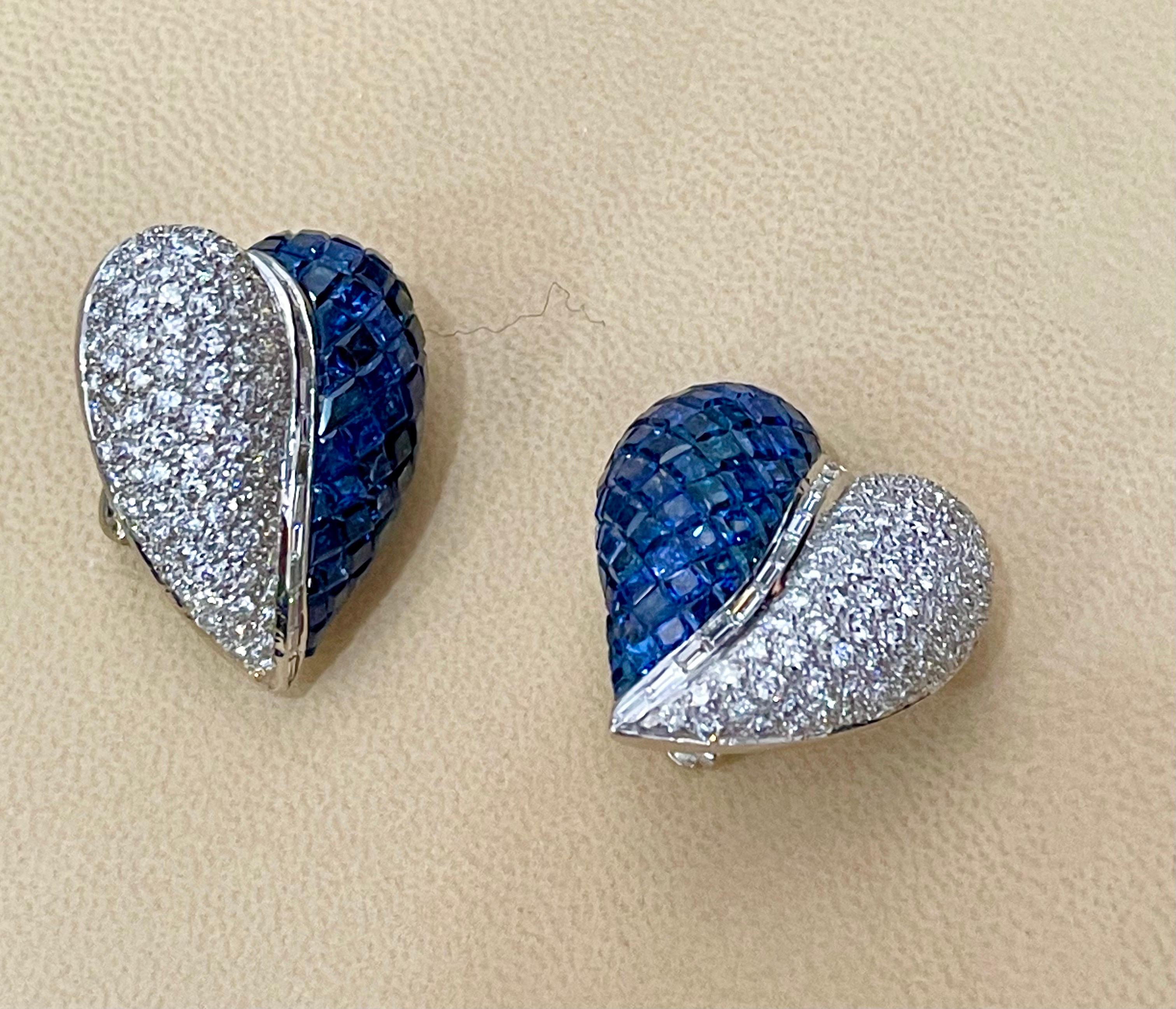 Boucles d'oreilles cocktail en or 18 carats avec saphirs et diamants, sertis en mystère invisible en vente 3