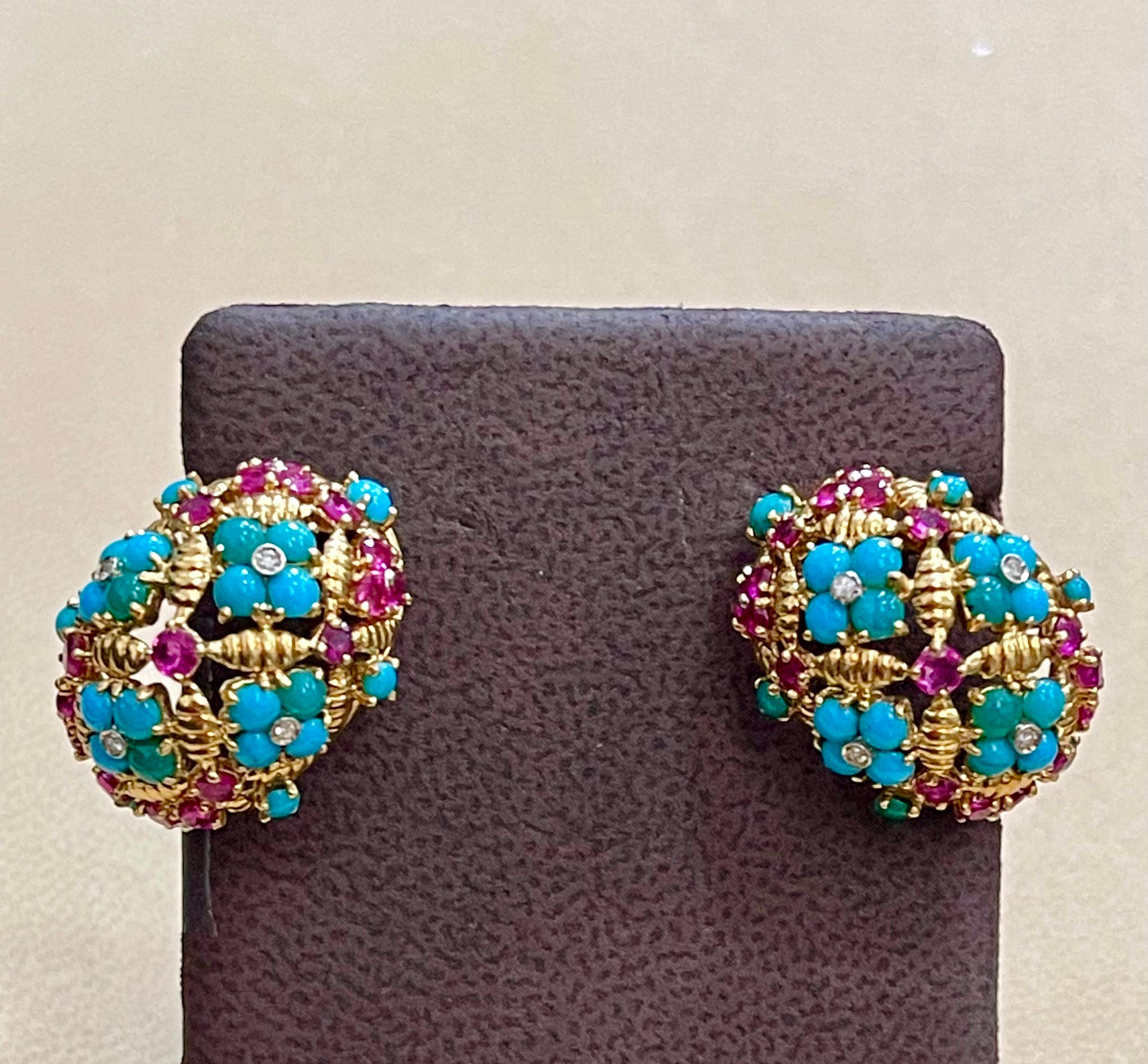 Diamond Ruby and Turquoise Clip Earrings in 18 Karat Yellow Gold 17 Grams 4