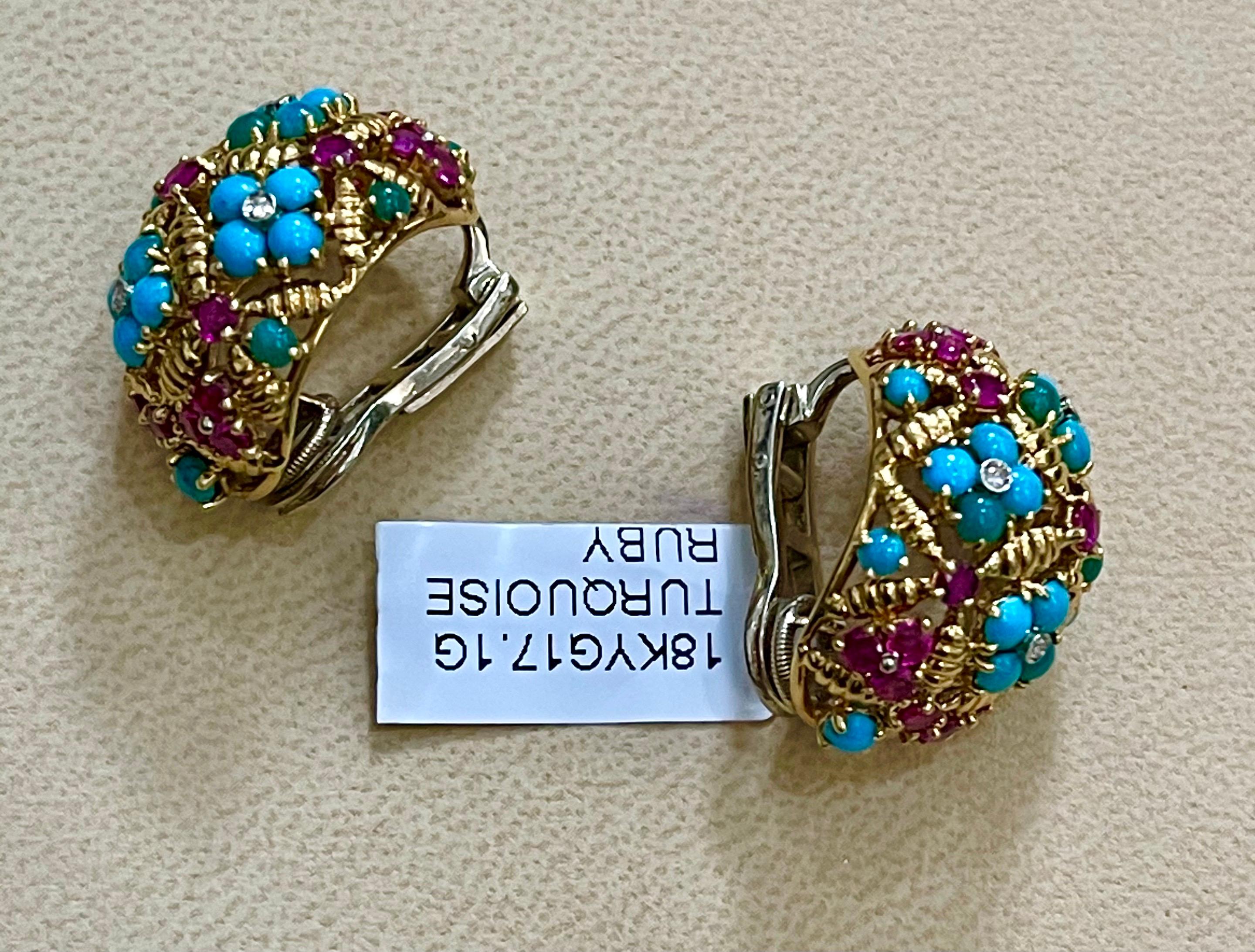 Diamond Ruby and Turquoise Clip Earrings in 18 Karat Yellow Gold 17 Grams 5