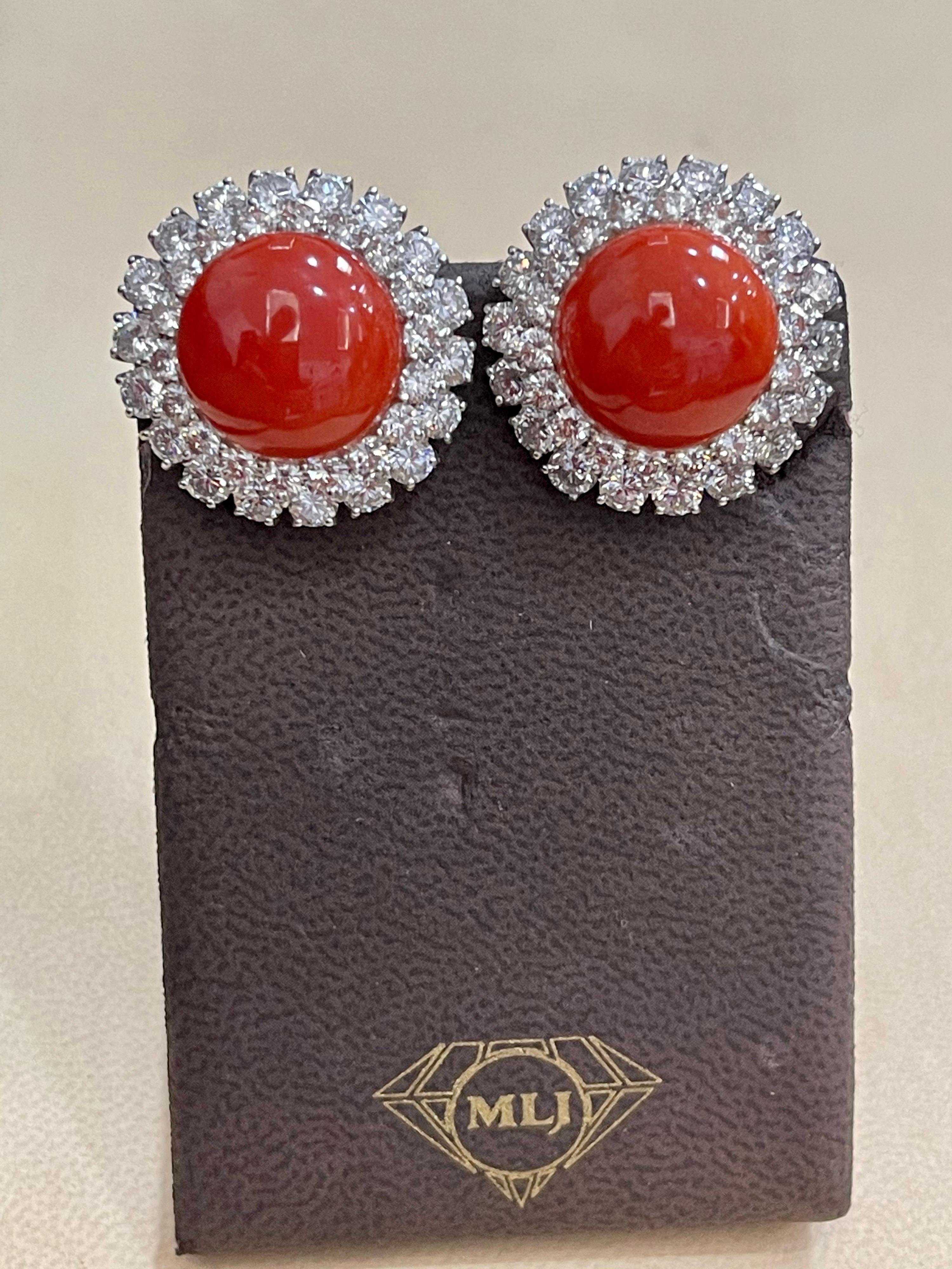 35 Carat Natural Coral and 12 Carat DeBeers Diamond Cocktail Earring in Platinum For Sale 6