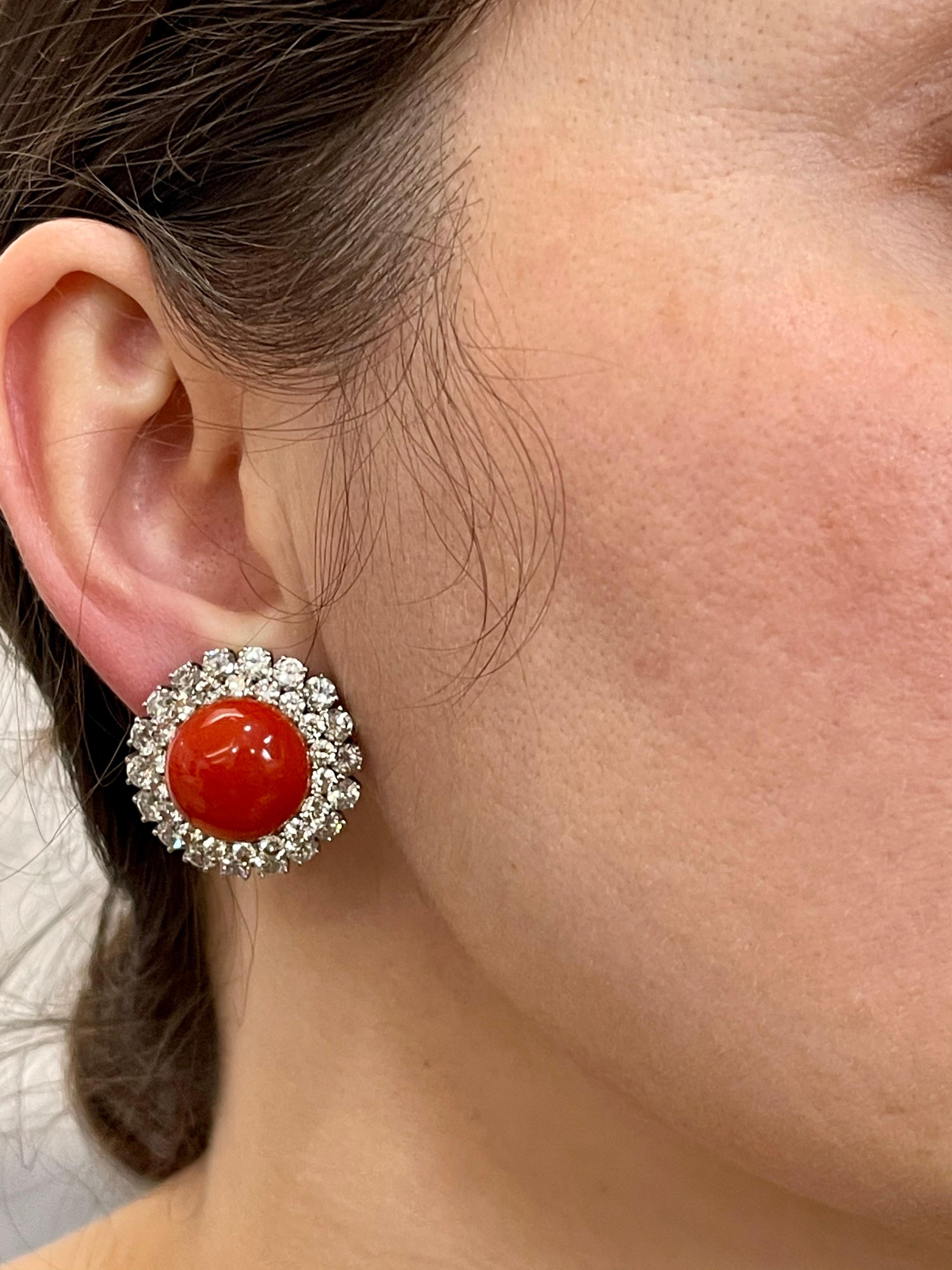35 Carat Natural Coral and 12 Carat DeBeers Diamond Cocktail Earring in Platinum For Sale 7