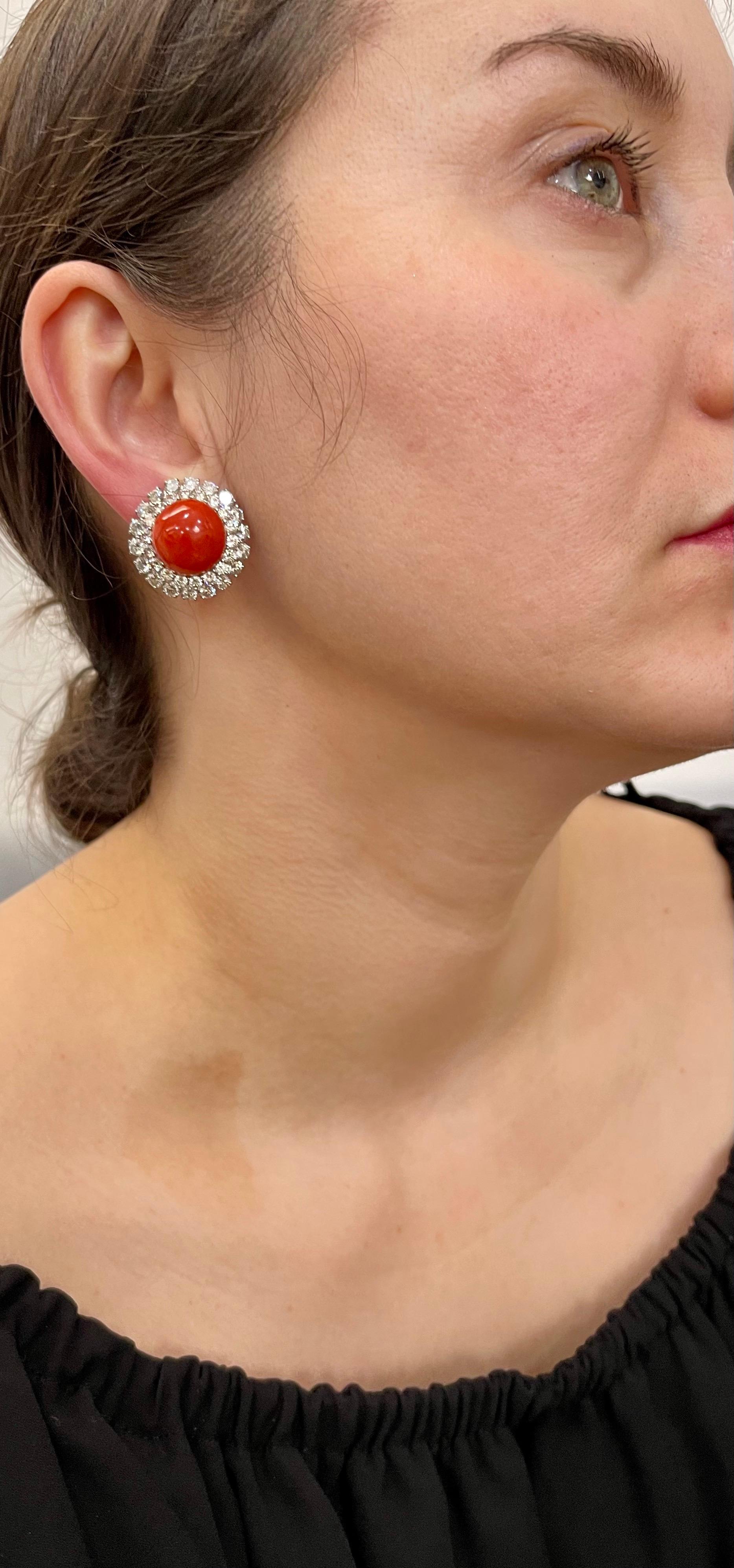 35 Carat Natural Coral and 12 Carat DeBeers Diamond Cocktail Earring in Platinum For Sale 8