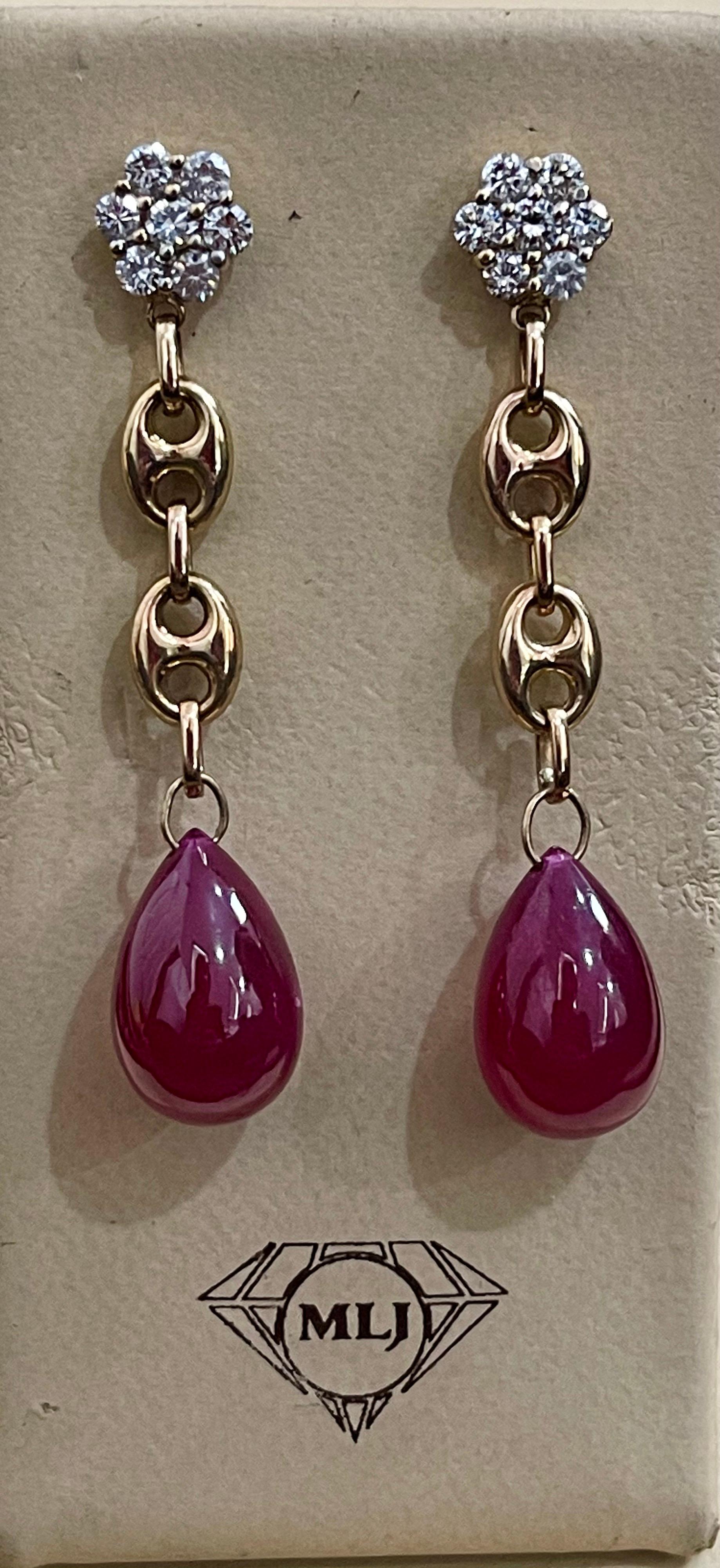 45 Carat Ruby Drop and Diamond Hanging/Chandelier Earrings 14 Karat Yellow Gold For Sale 4