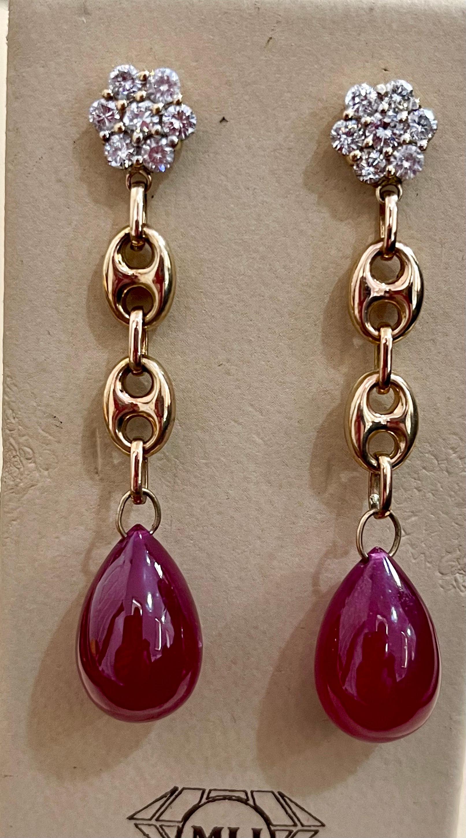 45 Carat Ruby Drop and Diamond Hanging/Chandelier Earrings 14 Karat Yellow Gold For Sale 5