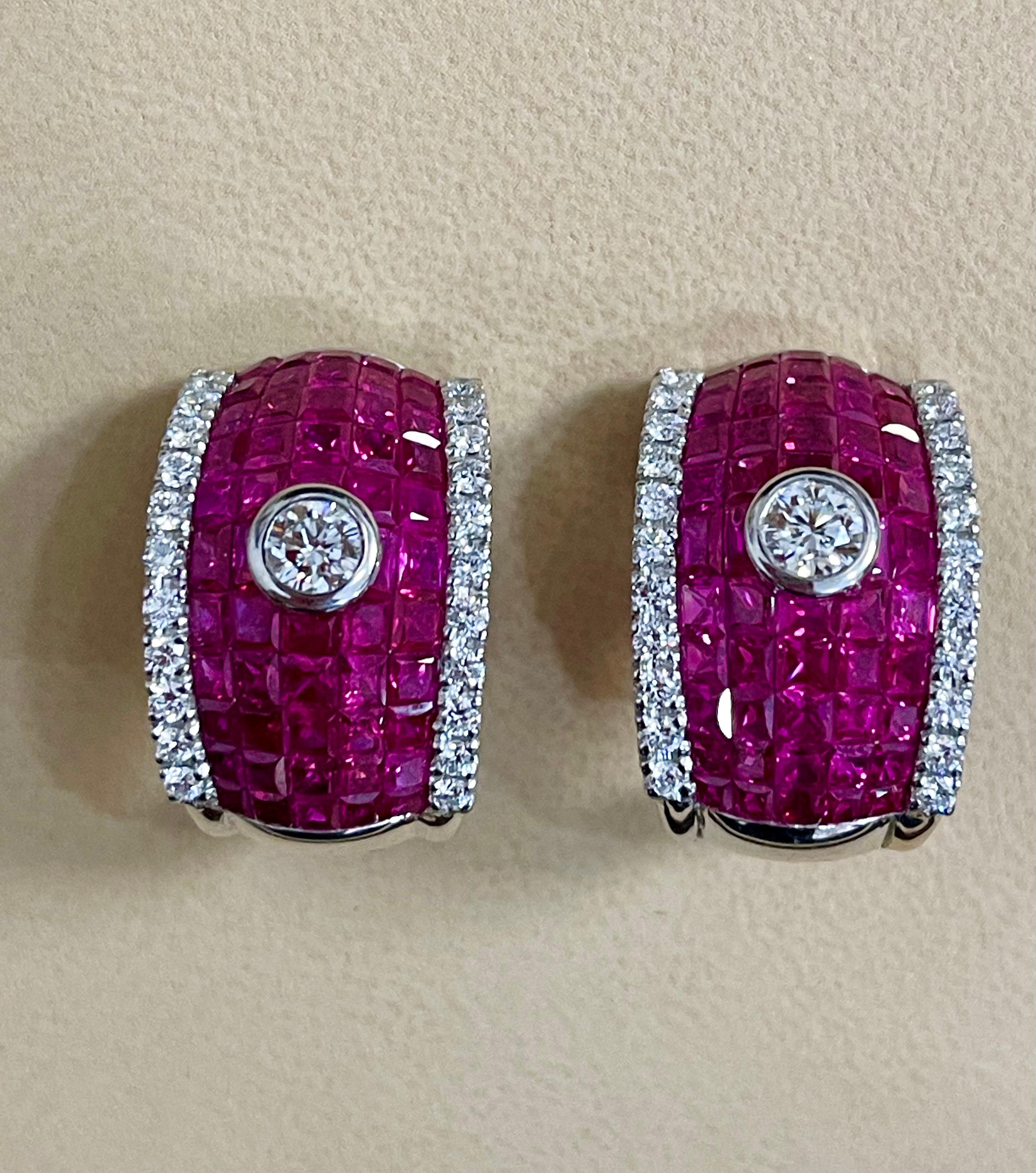 Invisible Mystery Set Ruby and Diamond Cocktail Earring 18 Karat White Gold 5