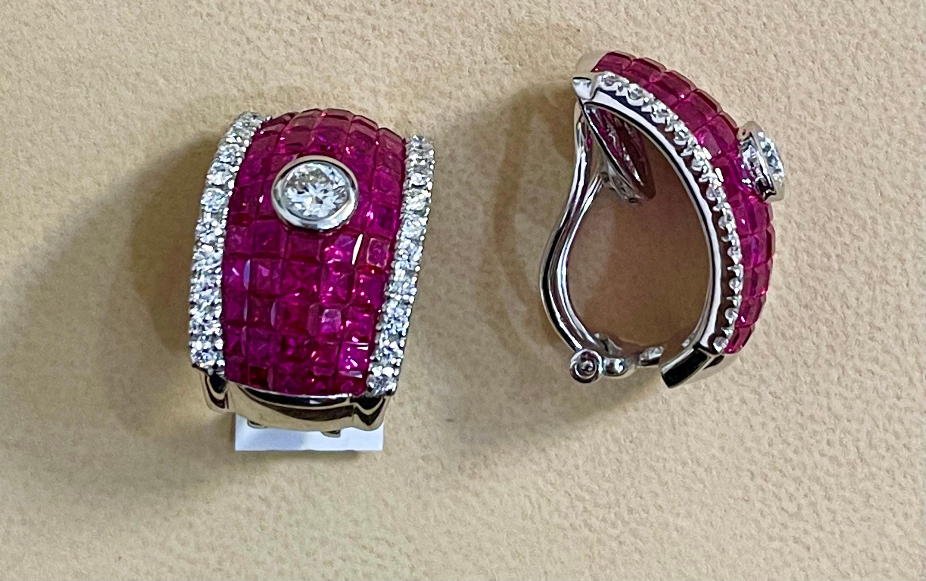 Invisible Mystery Set Ruby and Diamond Cocktail Earring 18 Karat White Gold 6