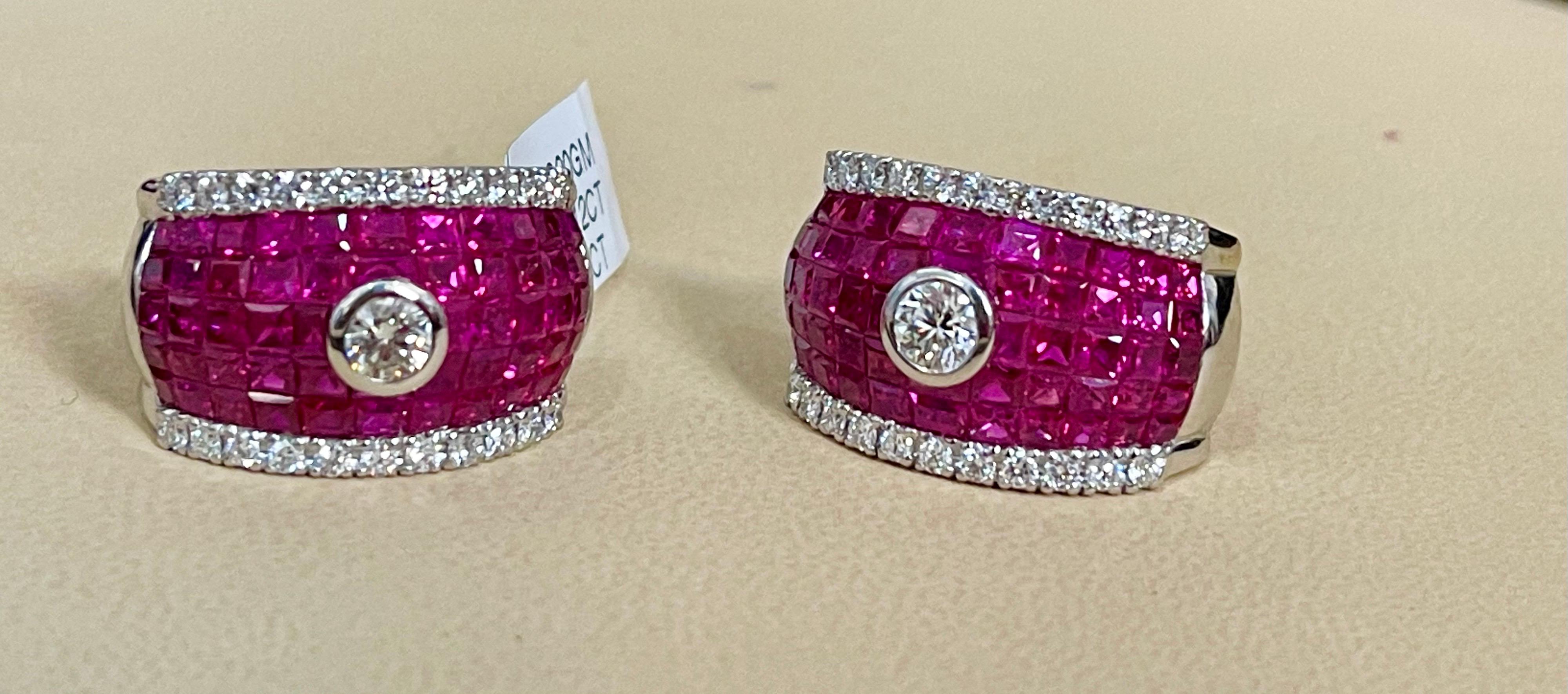Invisible Mystery Set Ruby and Diamond Cocktail Earring 18 Karat White Gold 7