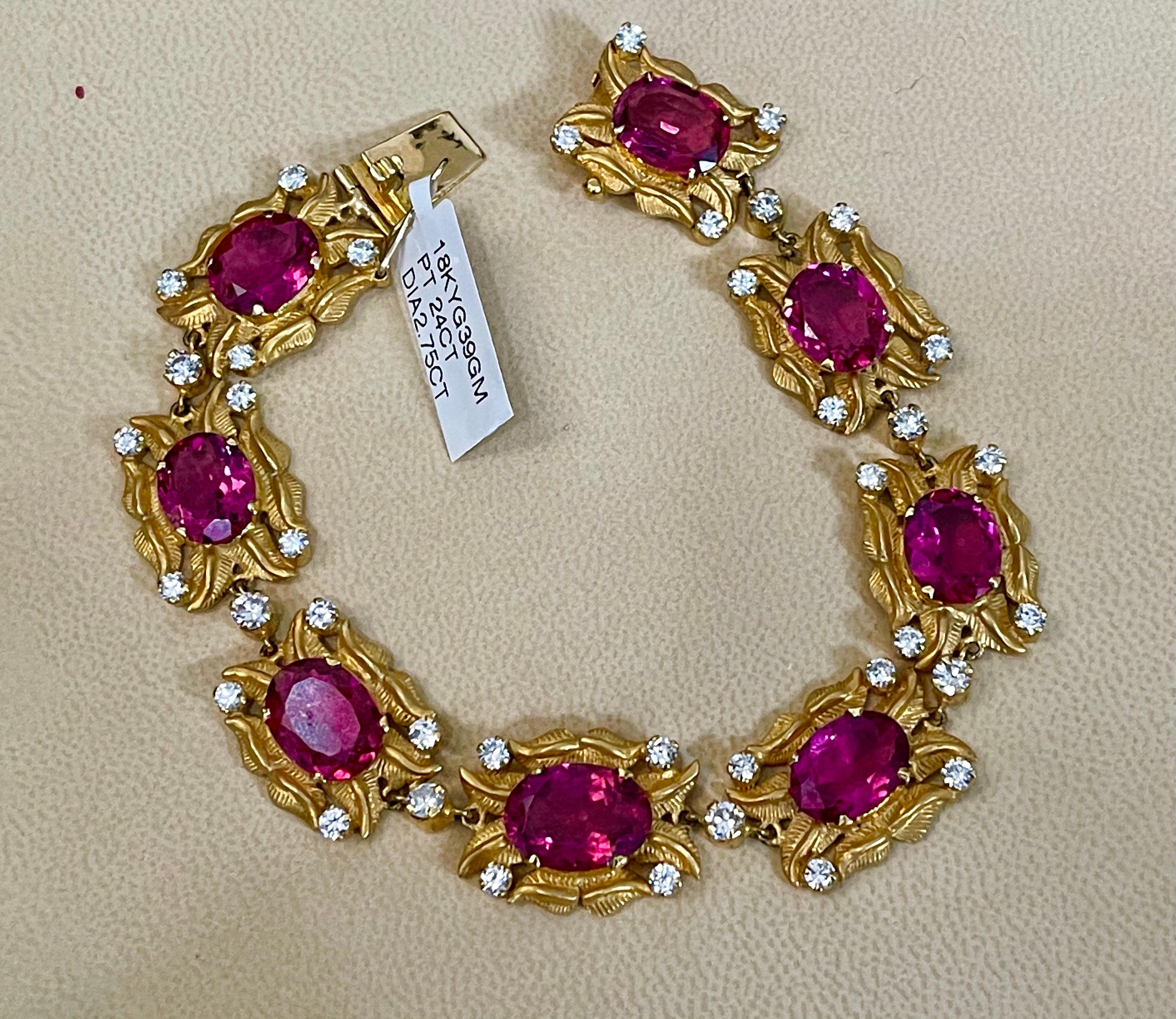 24 Carat Pink Tourmaline and 2.75 Carat Diamond Bracelet  18 Karat Yellow Gold For Sale 1