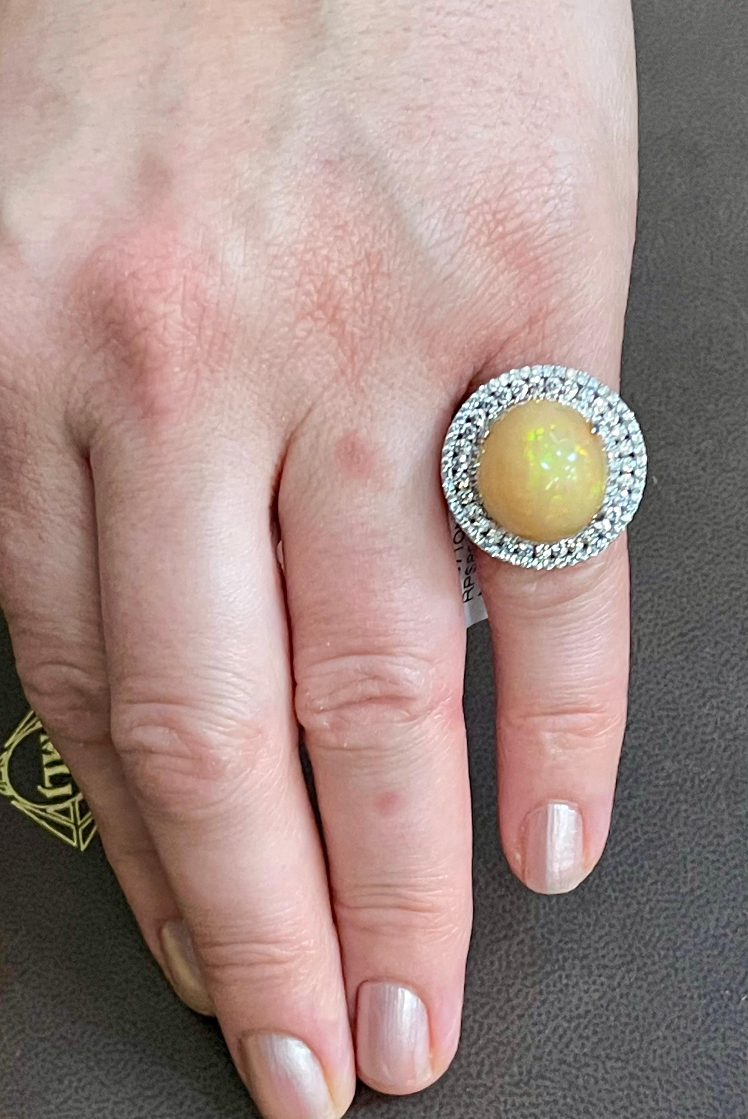 Round Opal and Diamond Cocktail Ring 18 Karat White Gold, Estate For Sale 6