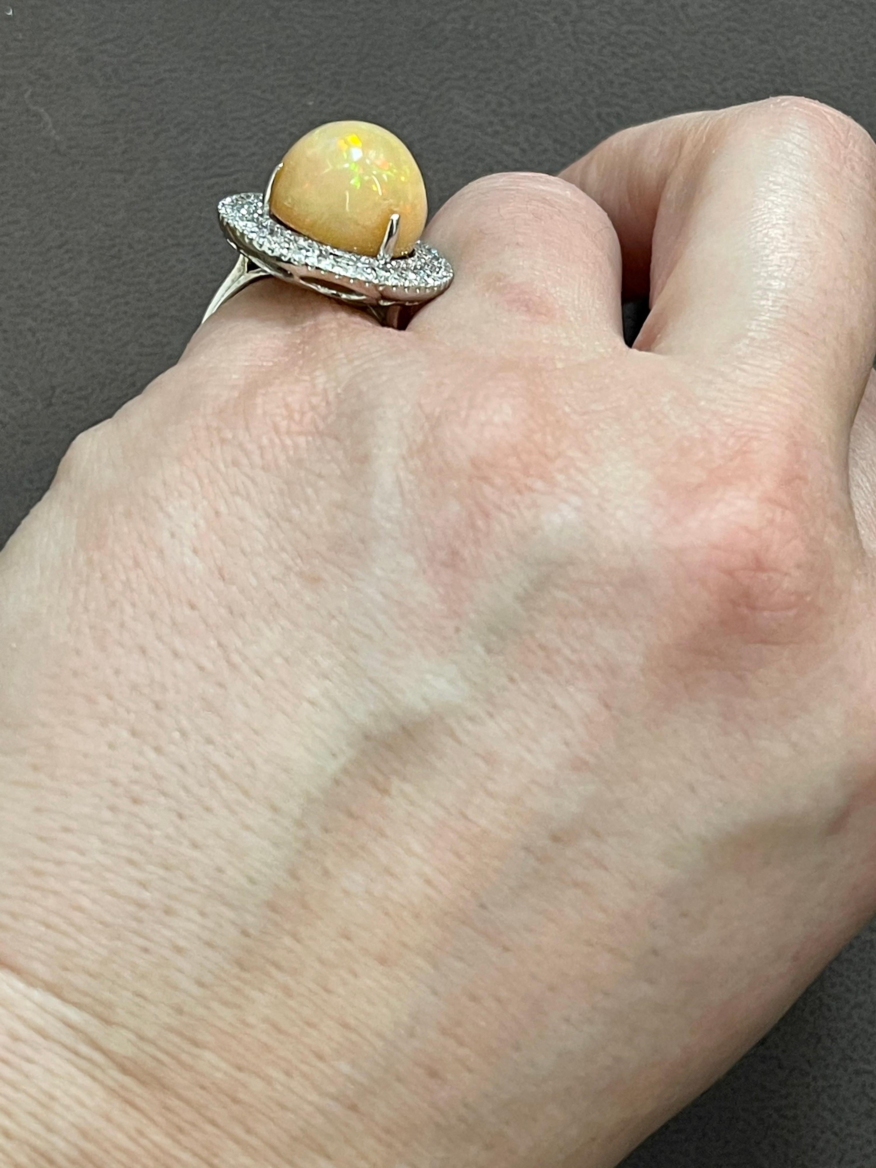 Round Opal and Diamond Cocktail Ring 18 Karat White Gold, Estate For Sale 8