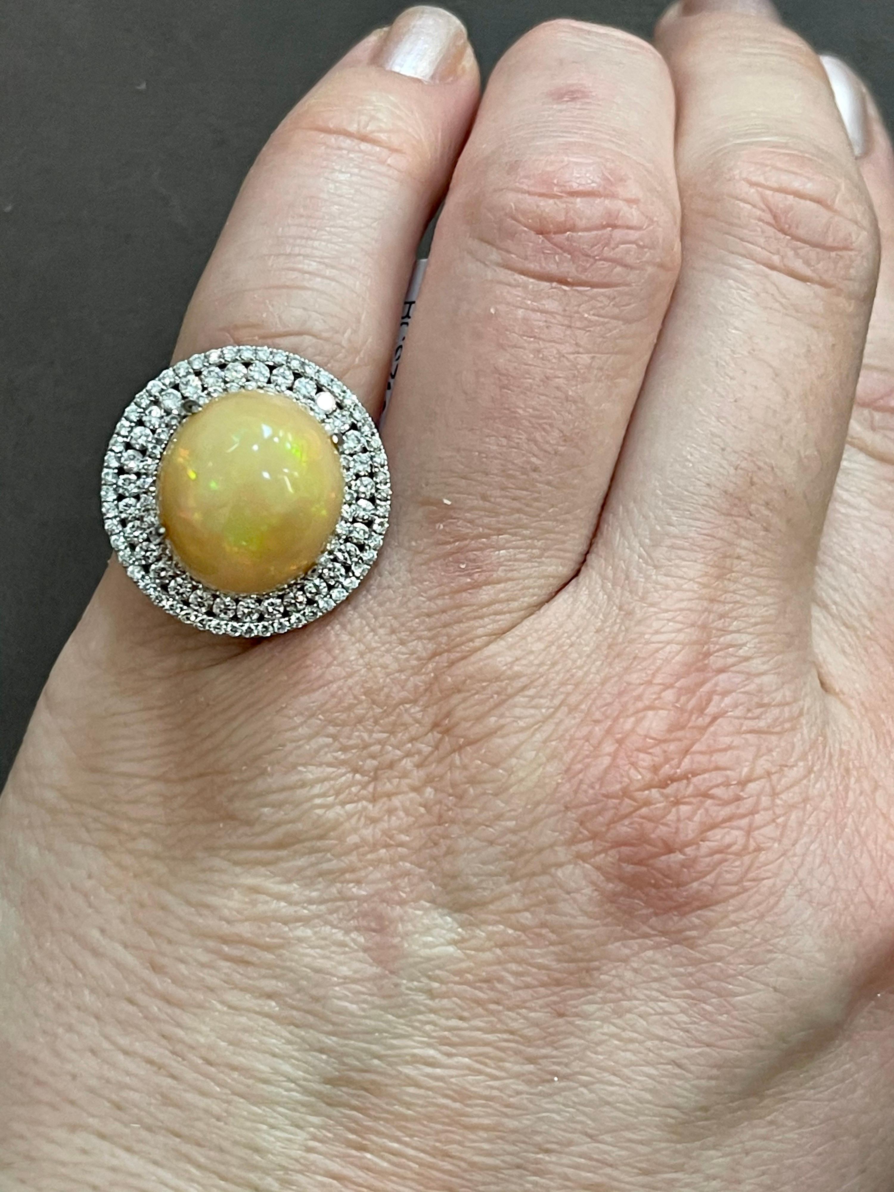 Round Opal and Diamond Cocktail Ring 18 Karat White Gold, Estate For Sale 9