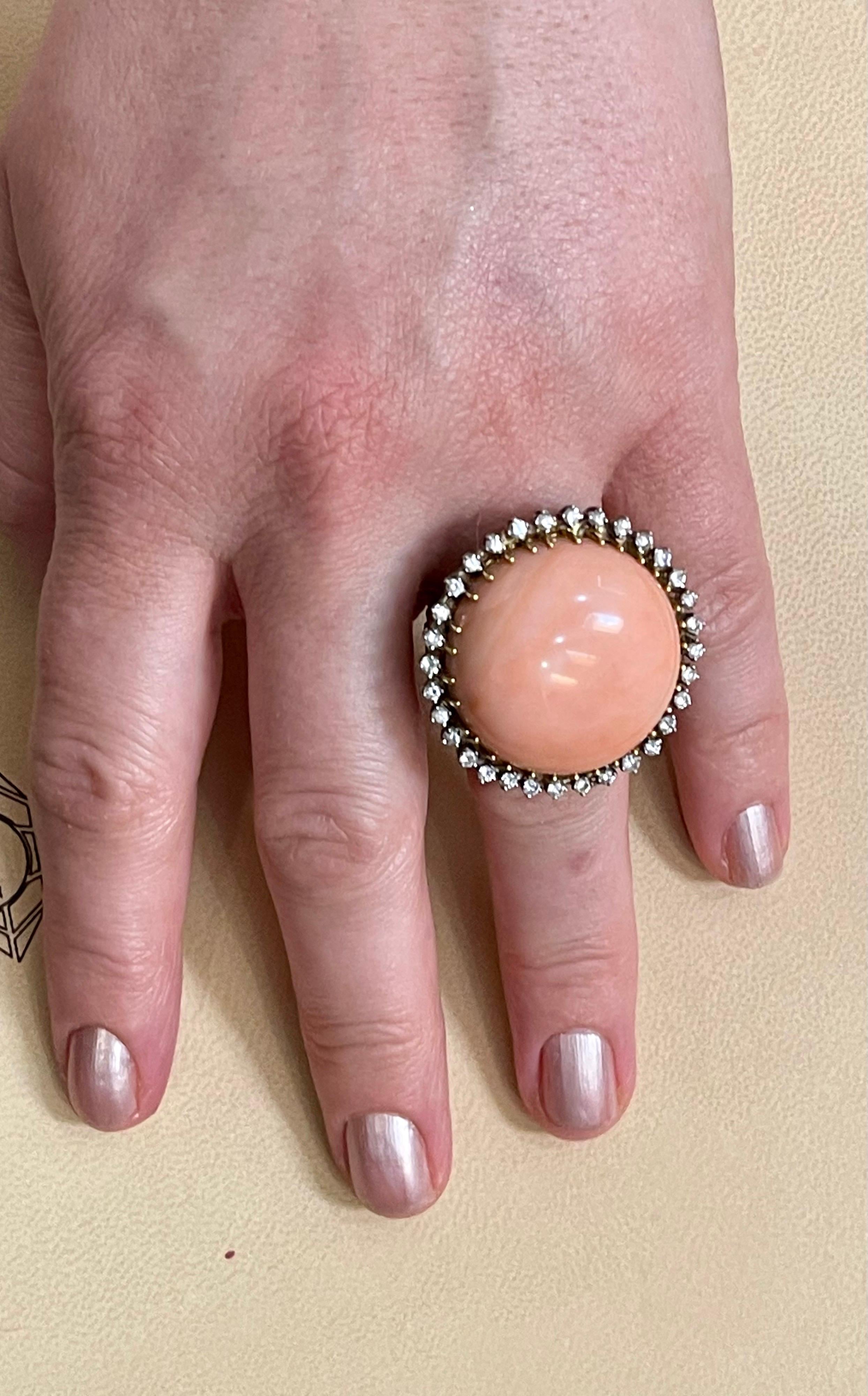 125 Carat Natural Pink Round Coral and Diamond Cocktail Ring 18 Karat Gold For Sale 7