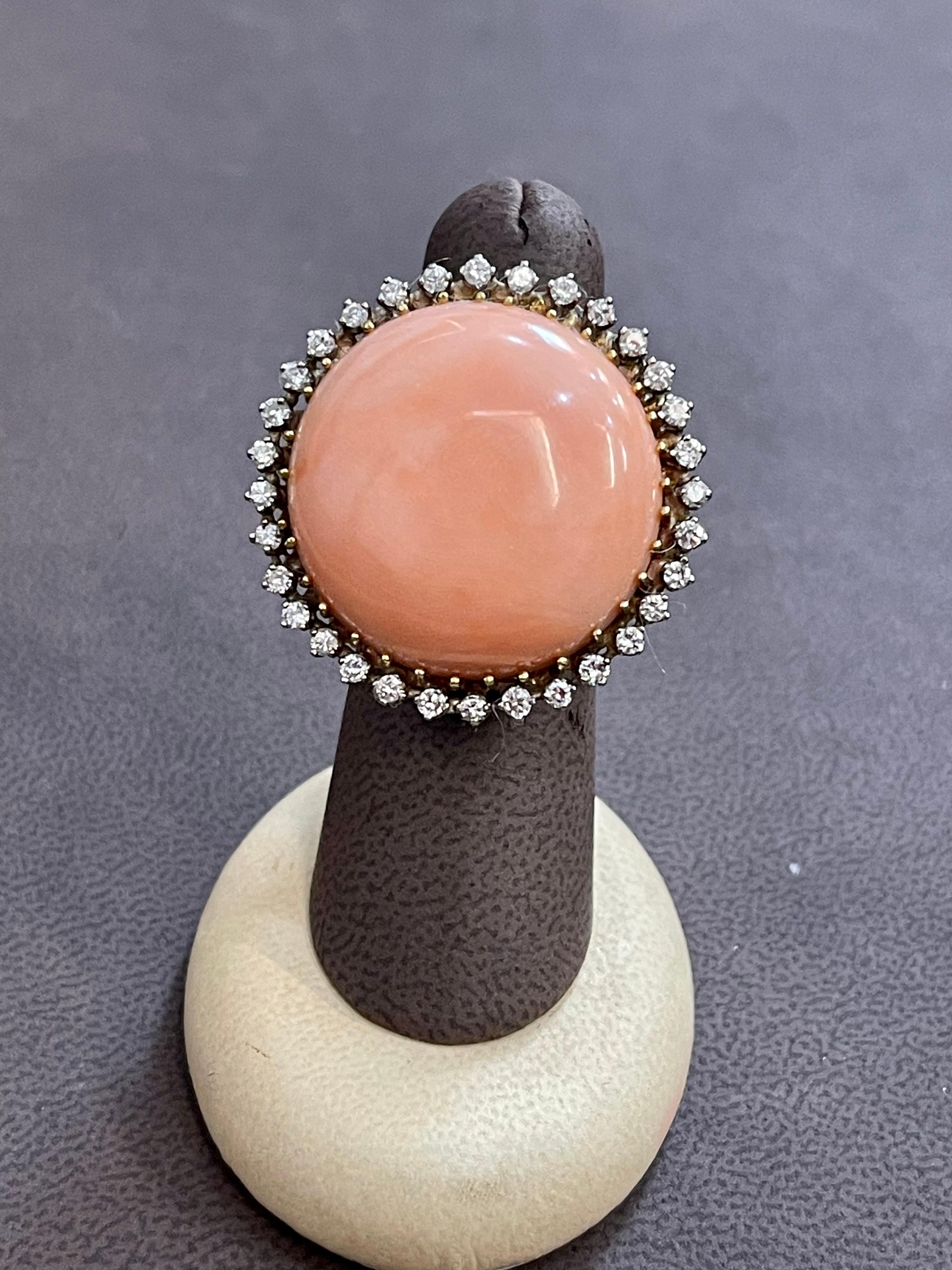 125 Carat Natural Pink Round Coral and Diamond Cocktail Ring 18 Karat Gold For Sale 6