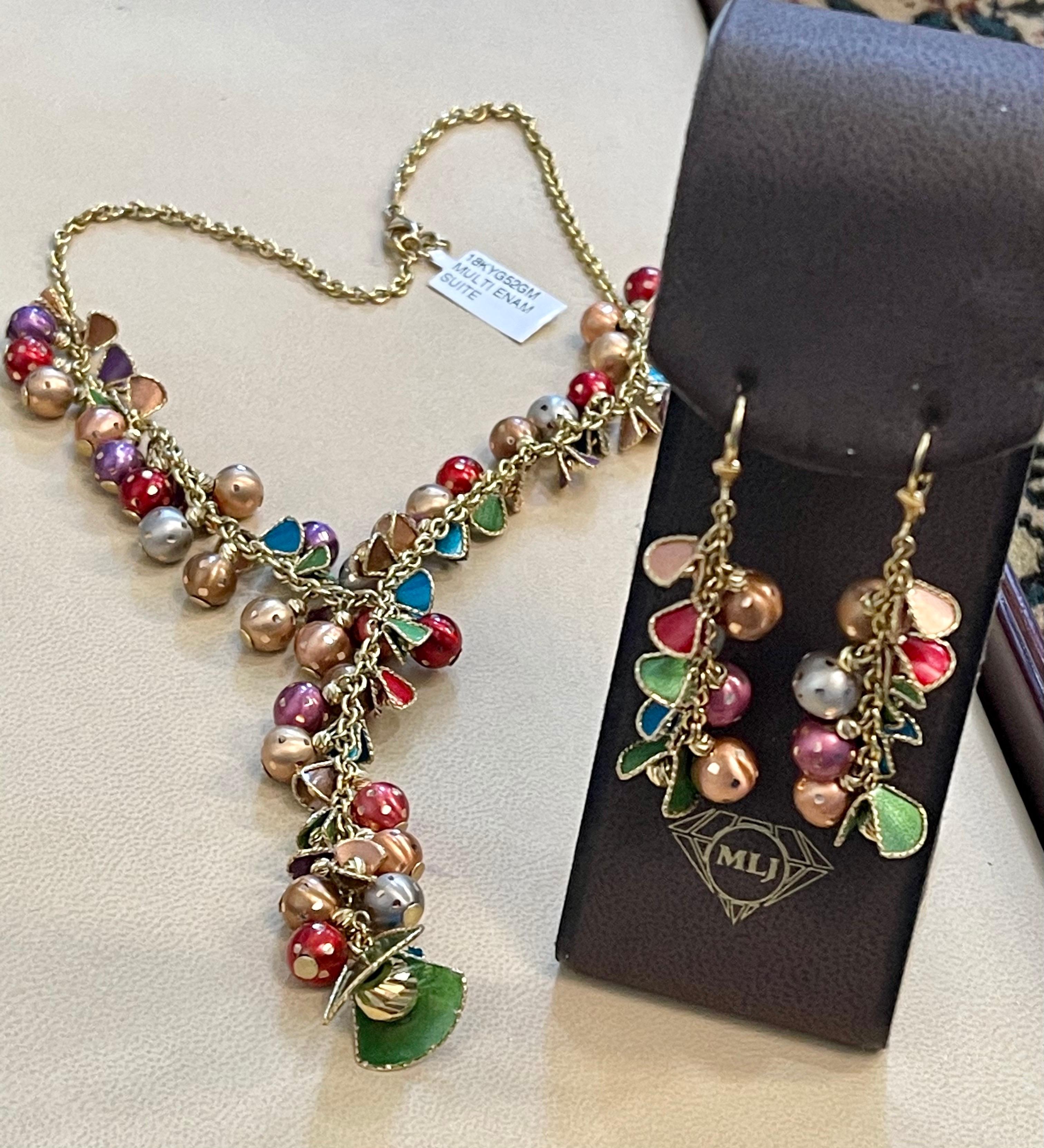 52 Gm 18 Karat Multi-Color Enamel Gold  Necklace and Earring Suite Bridal Set For Sale 7