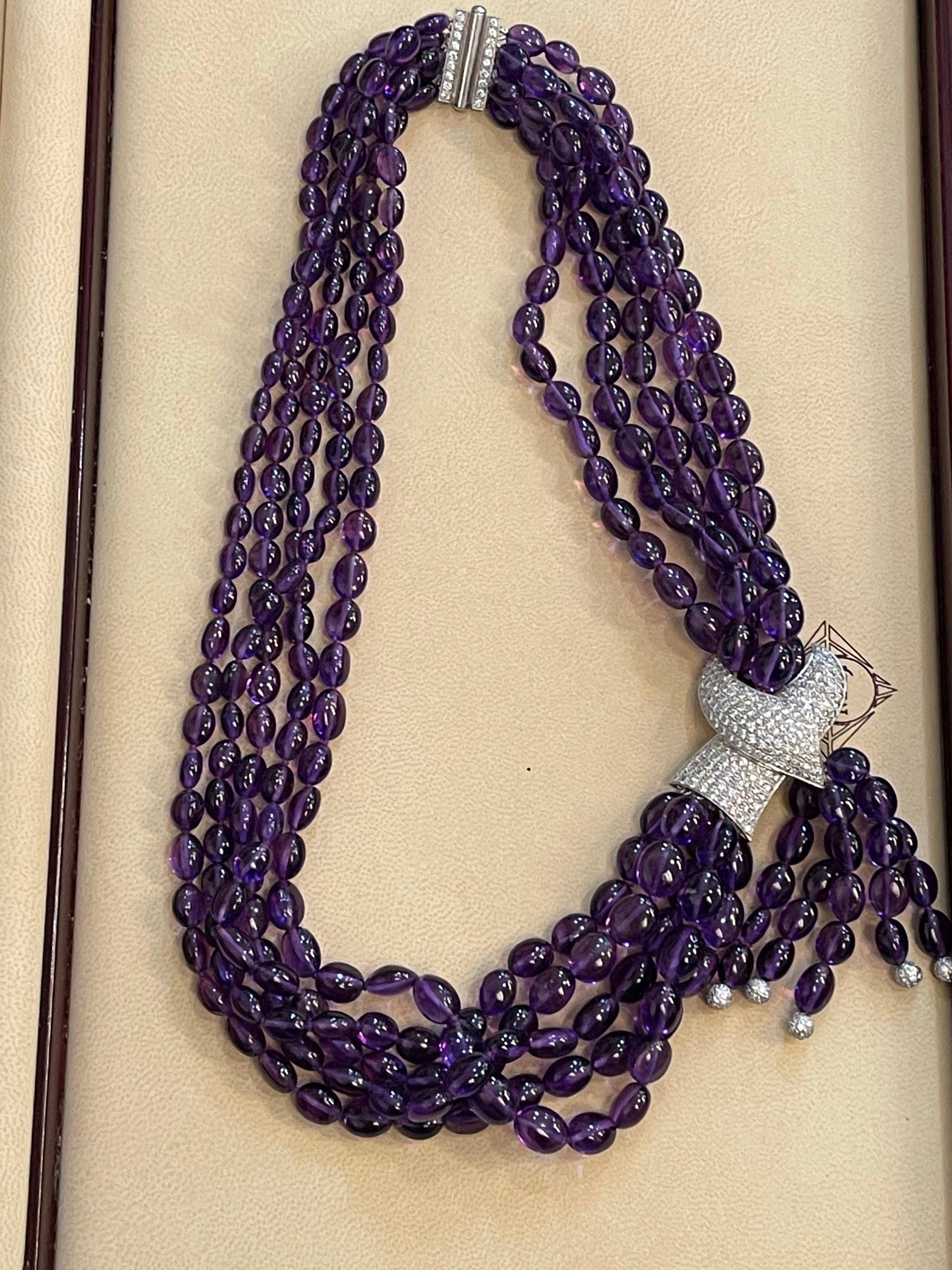 Natural Amethyst Multi Layer Bead Necklace in Platinum with Diamonds In Excellent Condition In New York, NY
