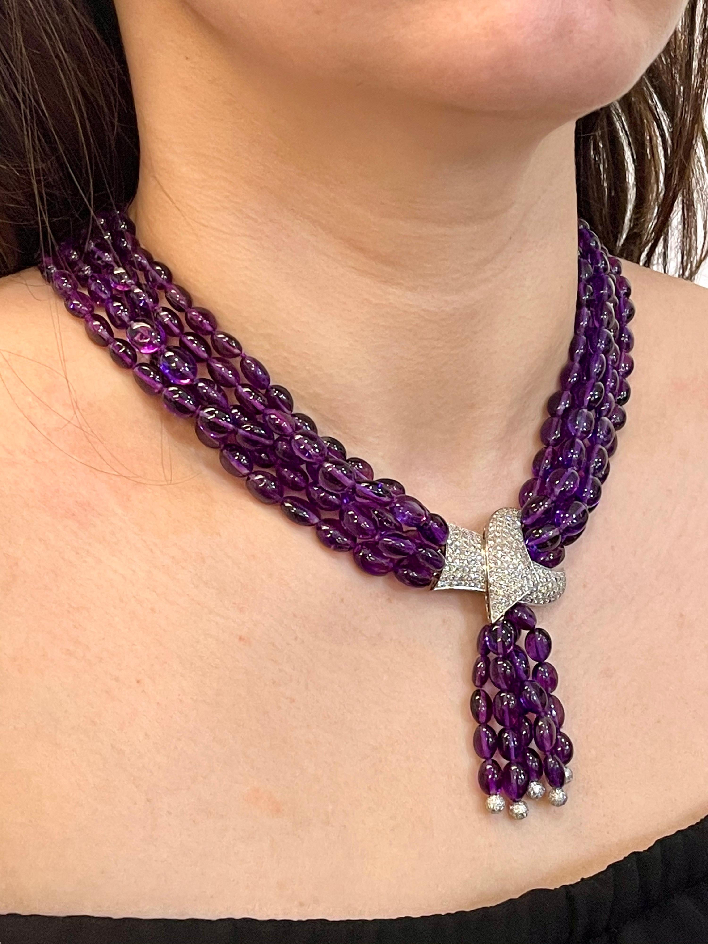 Natural Amethyst Multi Layer Bead Necklace in Platinum with Diamonds 5