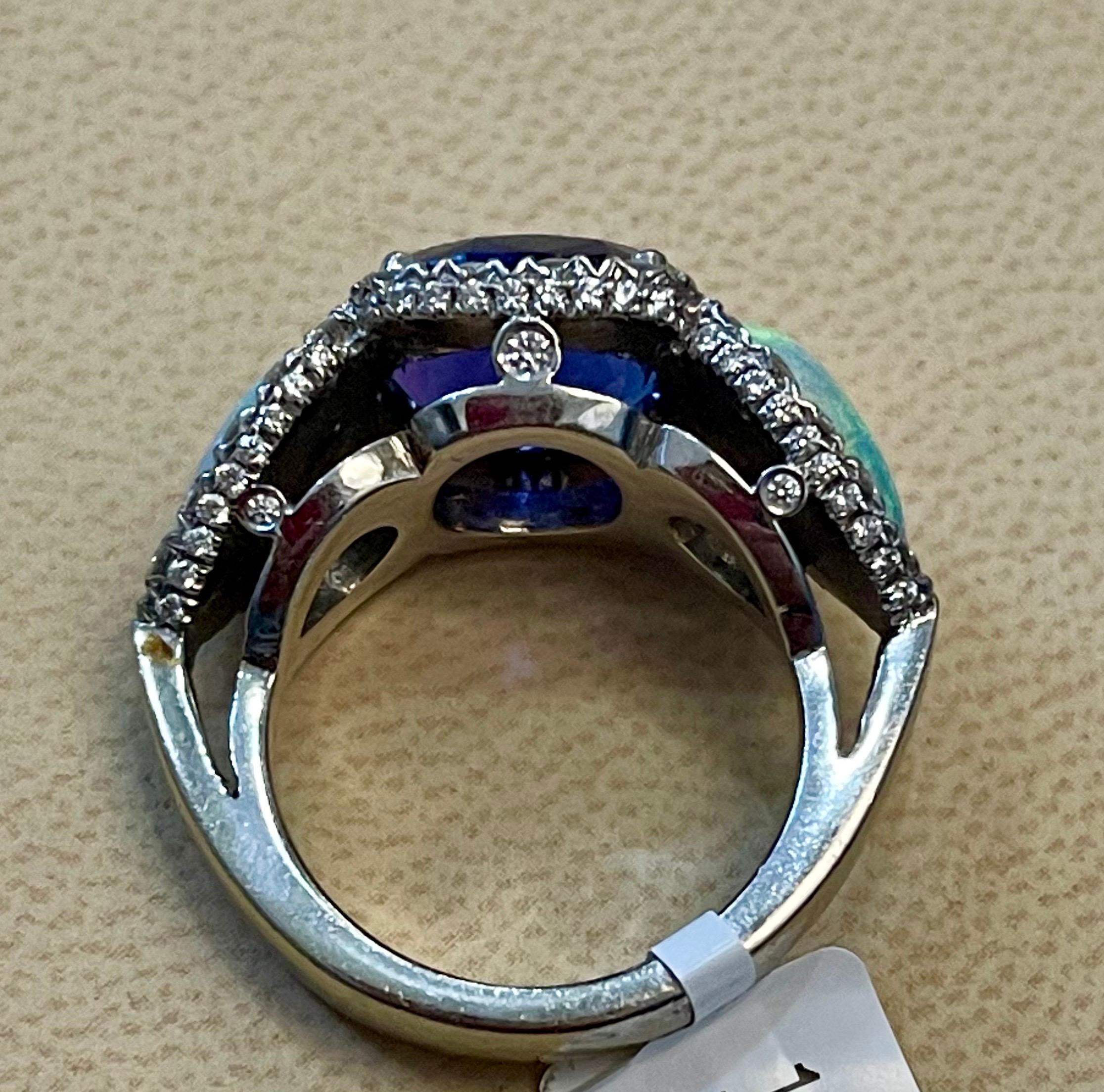 5 Carat Oval Tanzanite, Diamond and Opal Ring 14 Karat White Gold, Estate In Excellent Condition For Sale In New York, NY