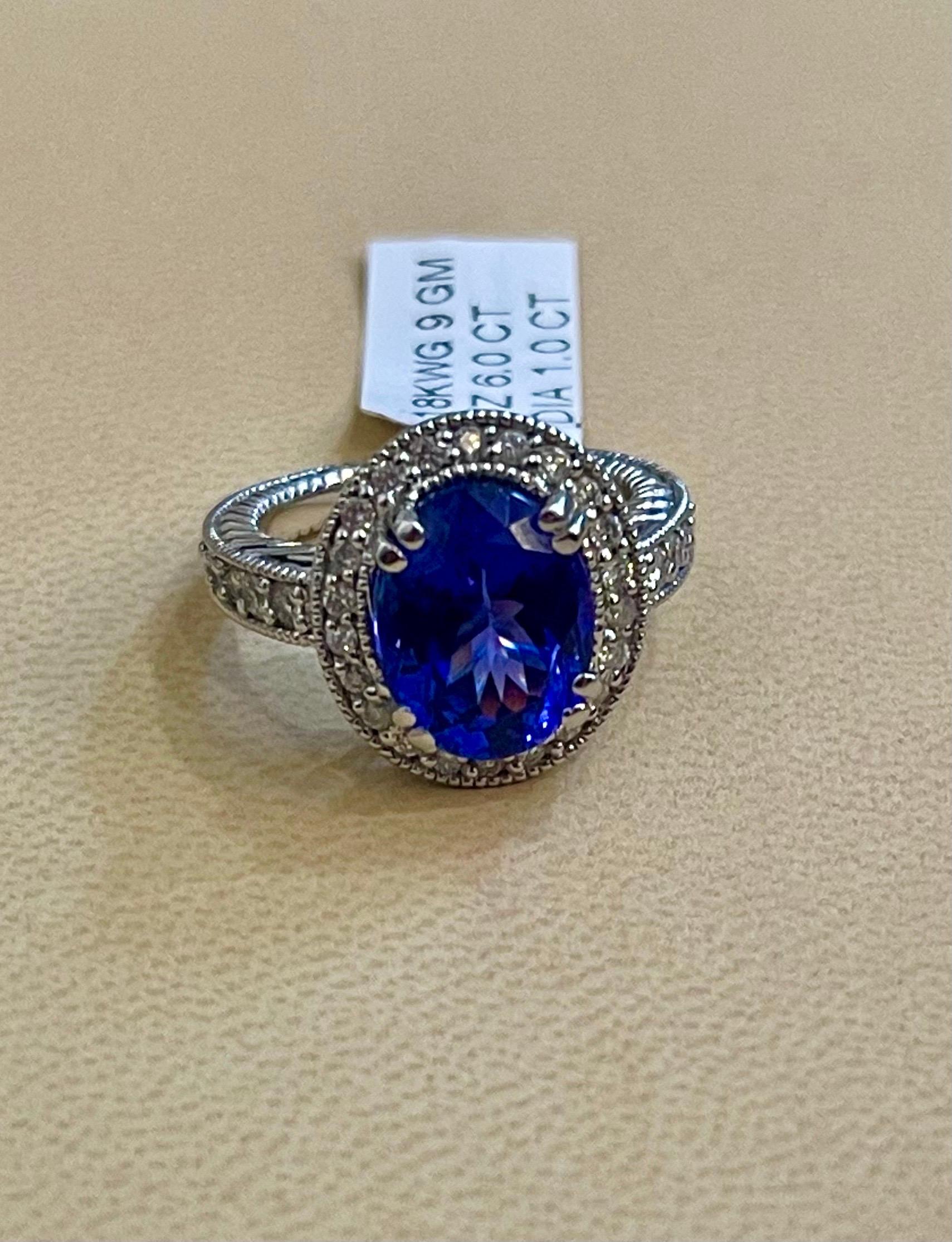 6 Carat Oval Tanzanite and 1 Carat Diamond Ring 14 Karat White Gold, Estate For Sale 2