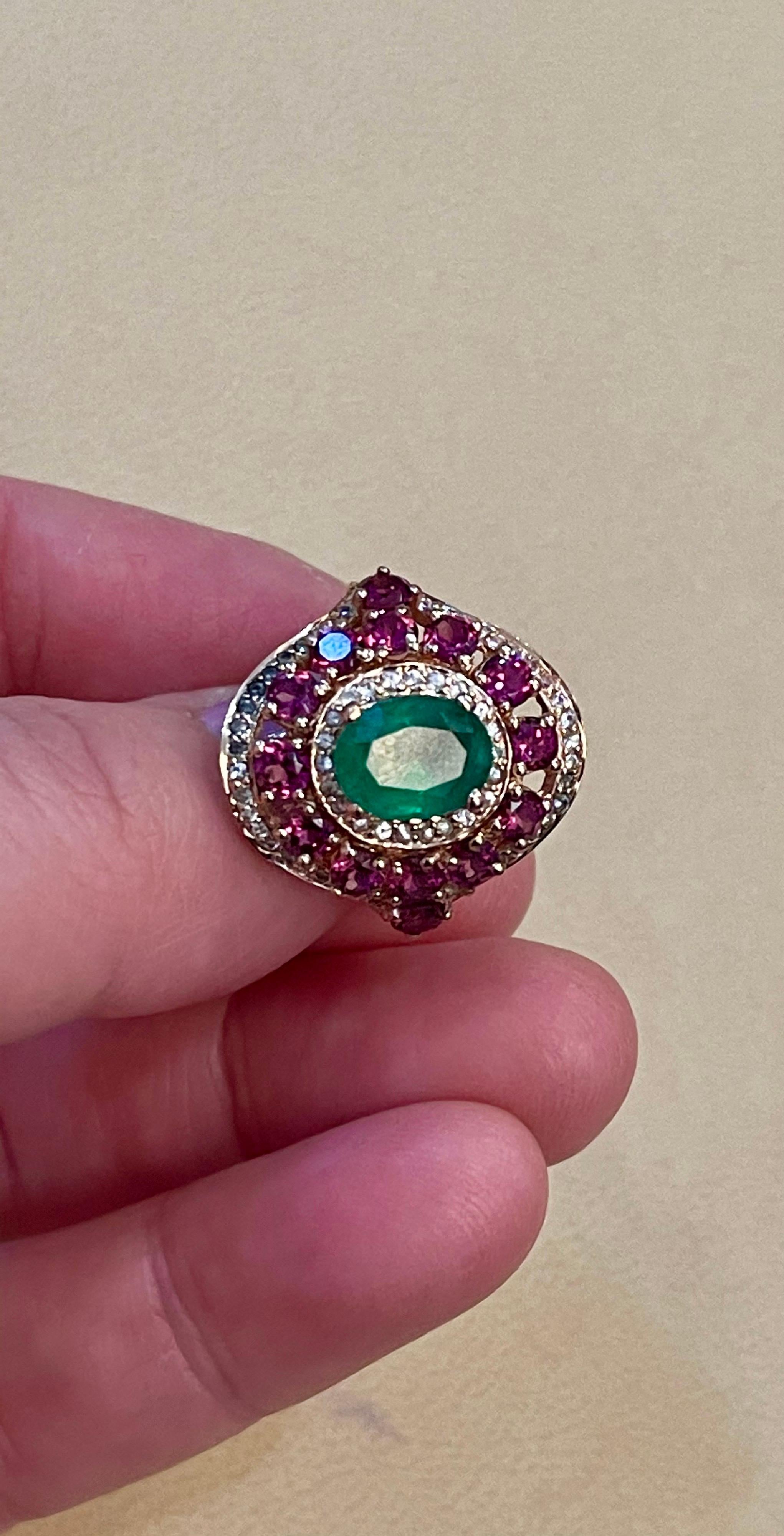 Emerald, Rubellite and Diamond Cocktail Ring in 14 Karat Rose Gold 9