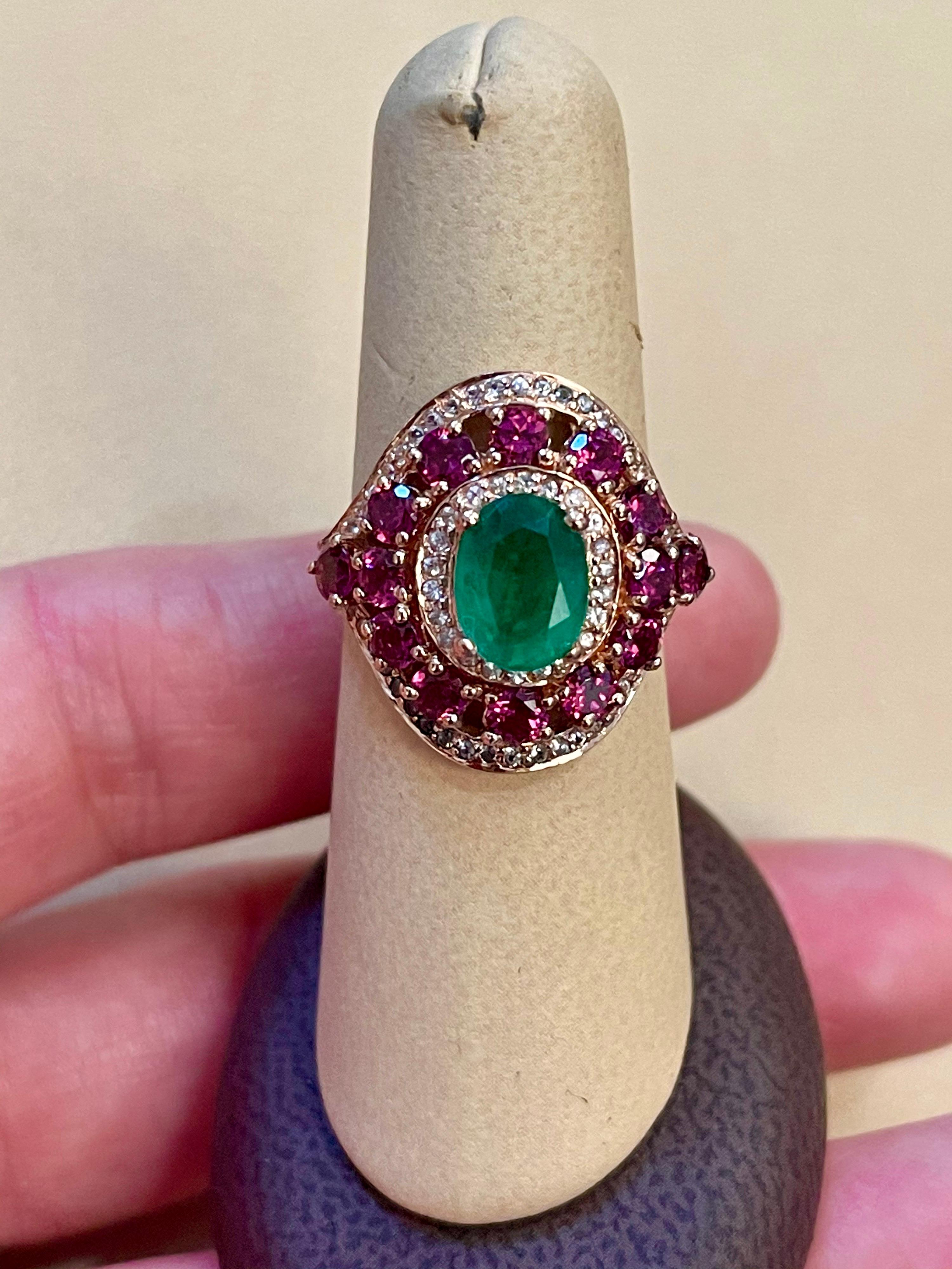 Emerald, Rubellite and Diamond Cocktail Ring in 14 Karat Rose Gold 8