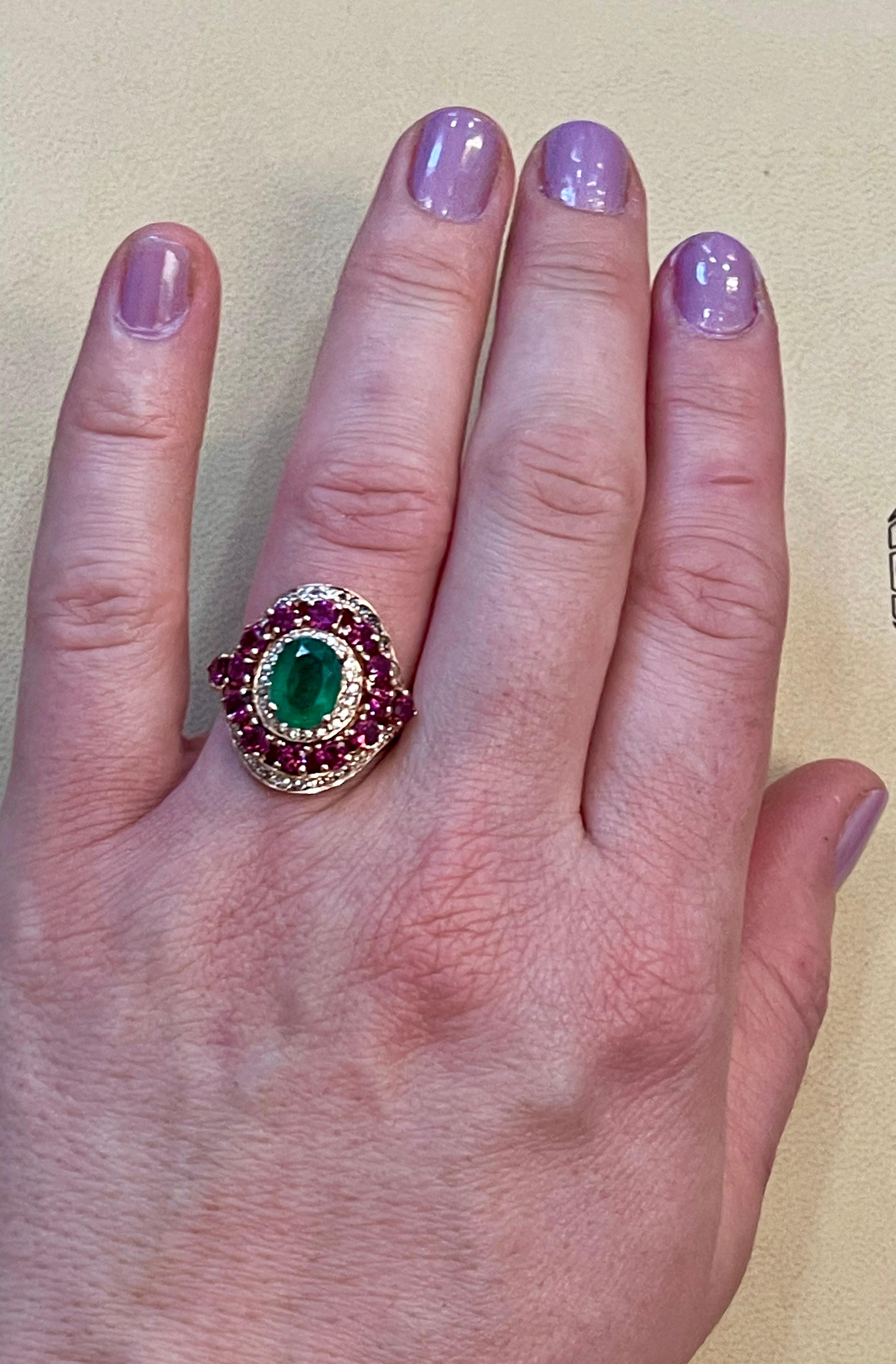 Emerald, Rubellite and Diamond Cocktail Ring in 14 Karat Rose Gold 10